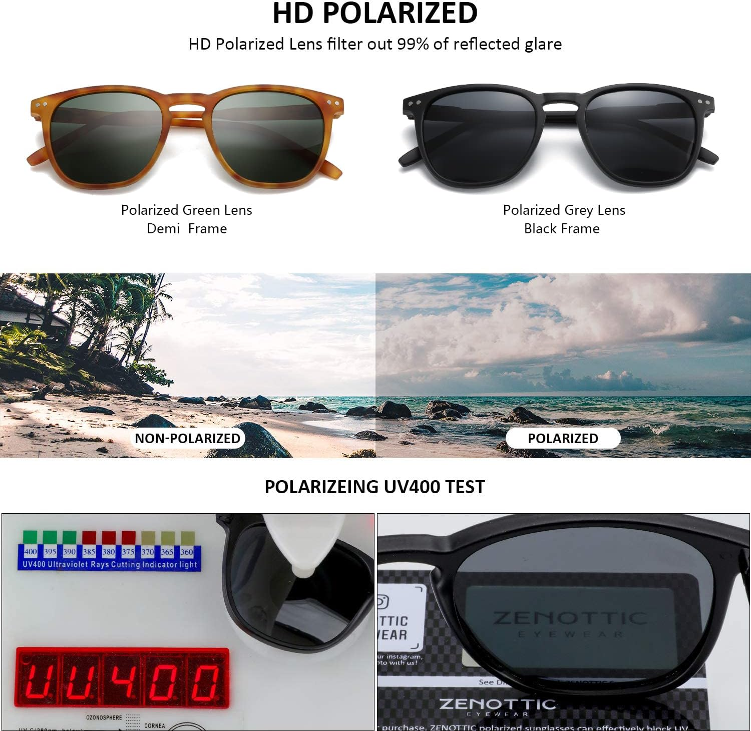 ZENOTTIC Polarized Sunglasses for Women Men: Retro Shades round Square Frame UV Protection 2 Pack image number 3