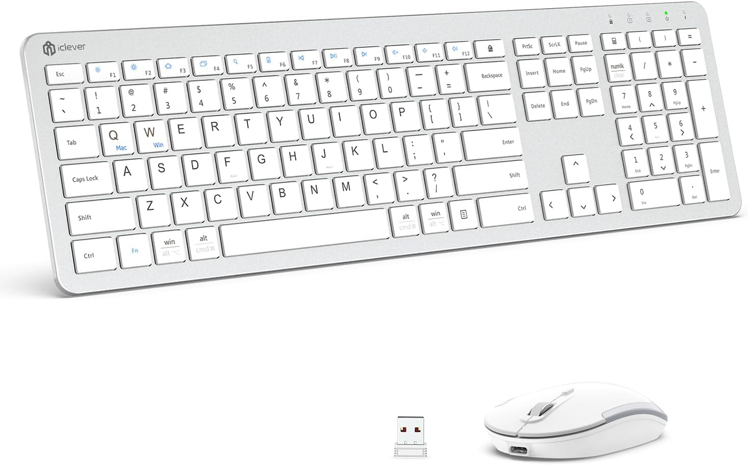 Iclever GK08 Wireless Keyboard and Mouse - Rechargeable Keyboard Ergonomic Quiet Full Size Design with Number Pad, 2.4G Stable Connection Slim White Keyboard and Mouse for Windows Mac OS Computer