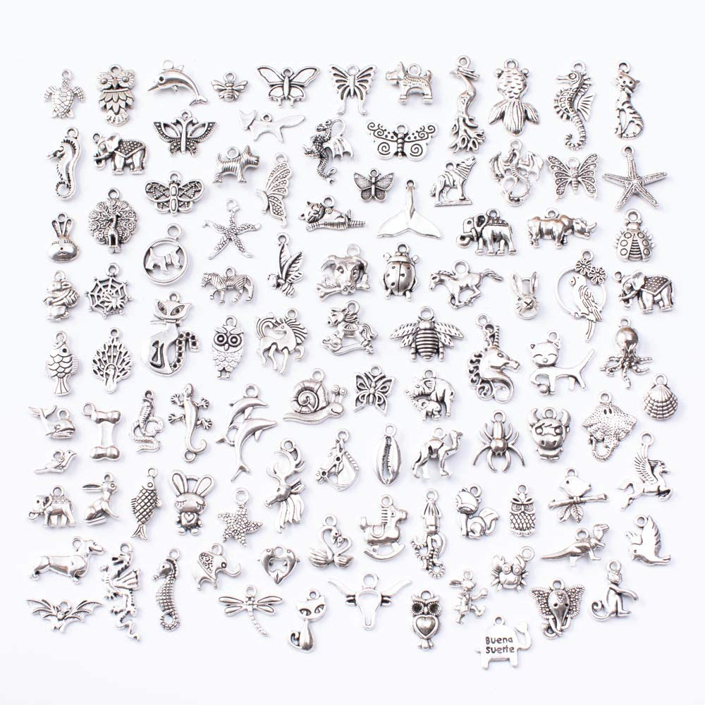 100 PCS Craft Supplies Small Antique Silver Charms Pendants, Mixed Smooth Tibetan Silver Metal Charms Pendants for Crafting Jewelry Findings Making Accessory for DIY Necklace Bracelet image number 1