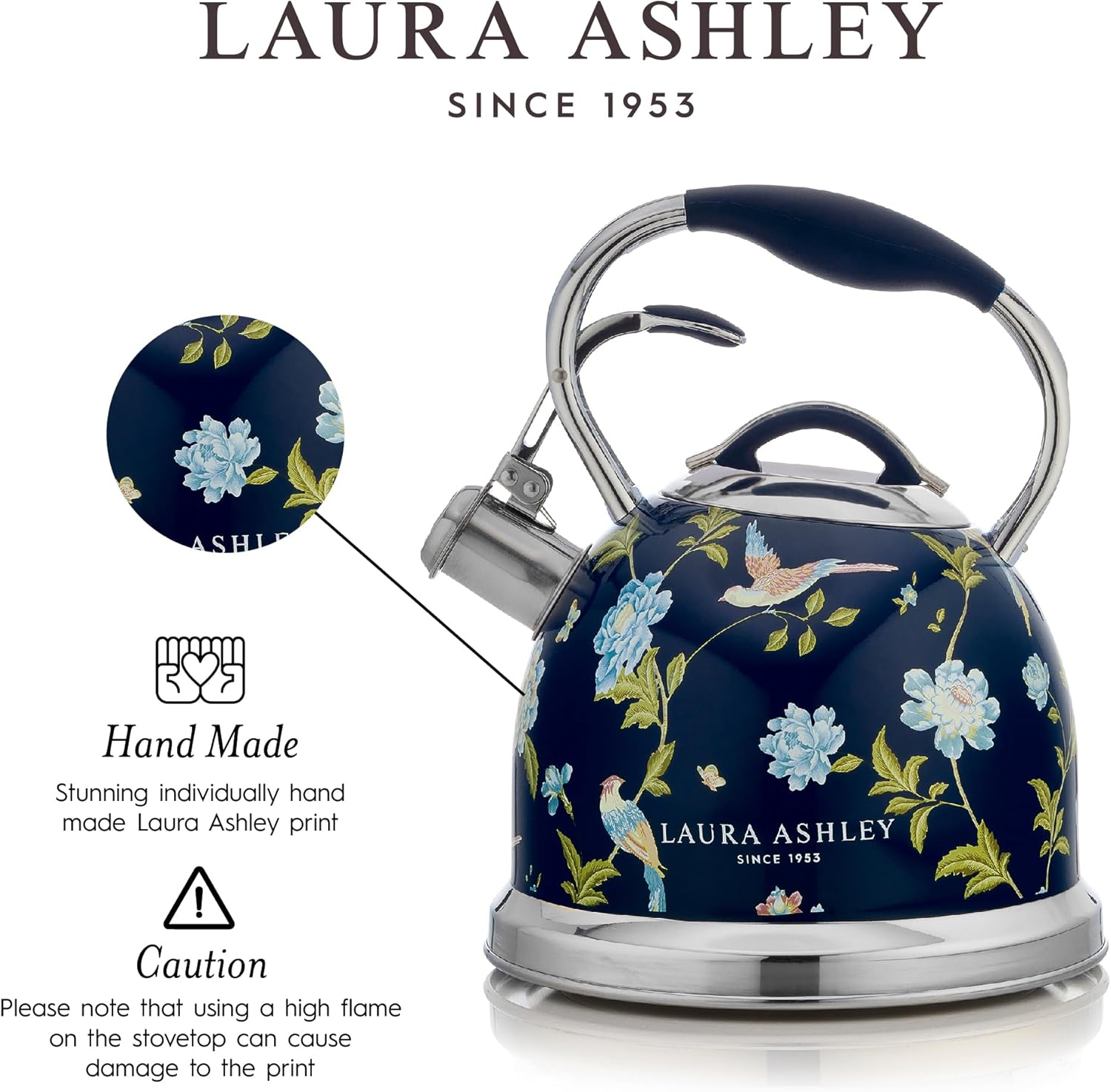 VQ Laura Ashley Elveden Navy 2.5L Stovetop Kettle. Stainless Steel Whistling Stove Top Kettle. Tea Kettle for Gas, Induction Hob & Others. Silicon Coated Cool Handle, Push Button Mechanism Teapot