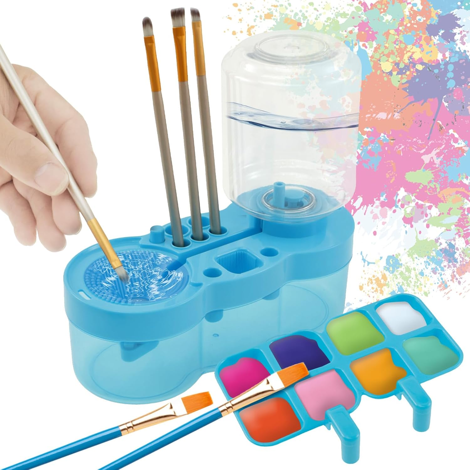 MABCIRY Paint Brush Cleaner with Water Circulation Tool, Paint Tray, Rinser with Drain and Brush Holder - Painting Station for Acrylic Watercolor (Blue)