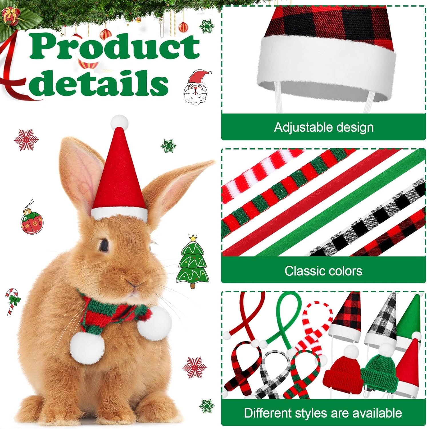 12 Pieces Small Animal Christmas Costume Mini Santa Hat and Scarf Xmas Guinea Pig Adjustable Warm Stripe Knit Scarf and Buffalo Plaid Hat for Rabbit Hamster Guinea Pig Bunny Chinchilla Small Pets image number 1