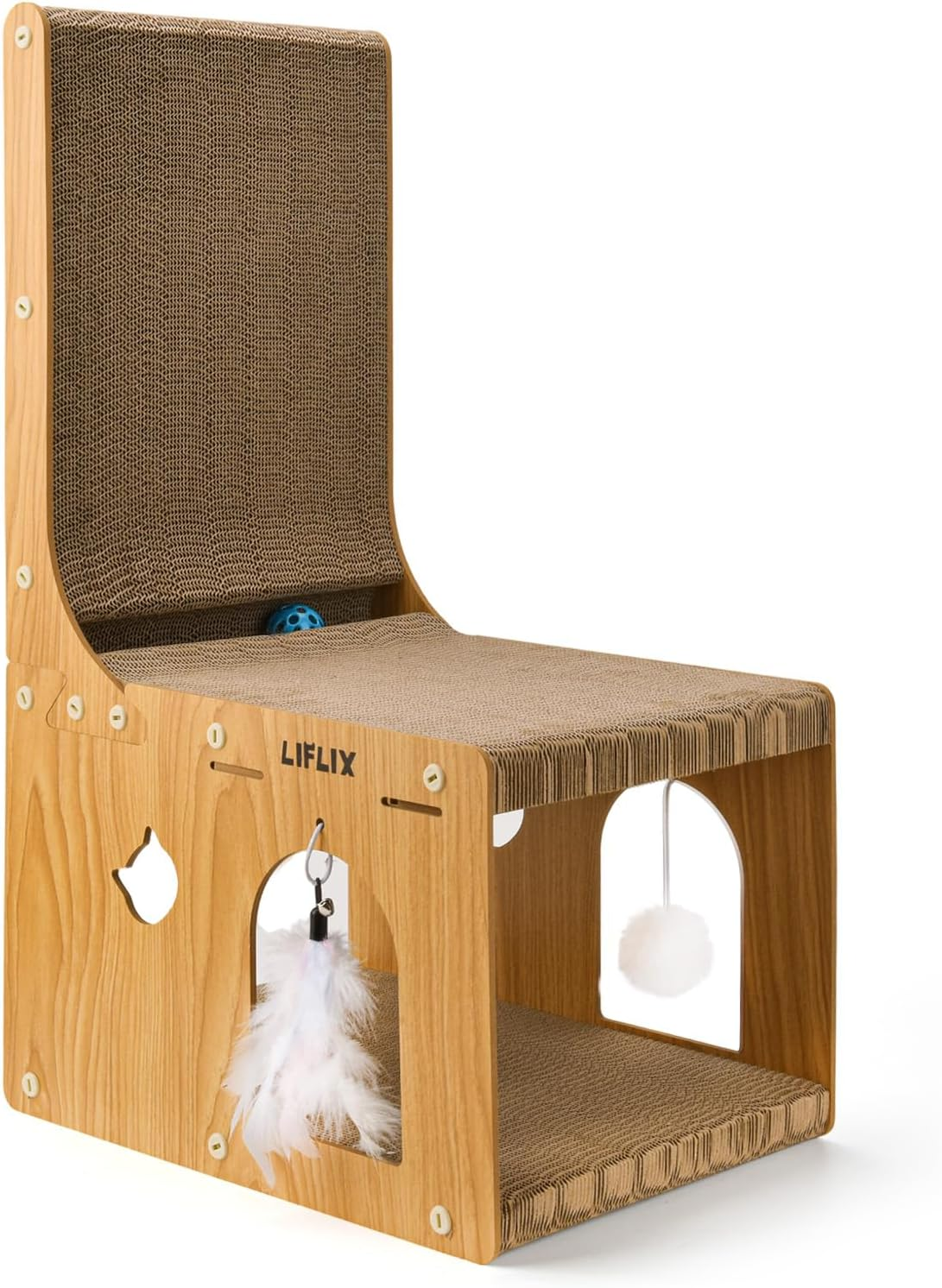 LIFLIX Double-Layer Cat Scratcher, L-Shaped Cardboard Cat Scratching Post with Toys, Cat Scratcher & Hideaway for Indoor Cats to Scratch, Rest, Stretch and Play image number 6