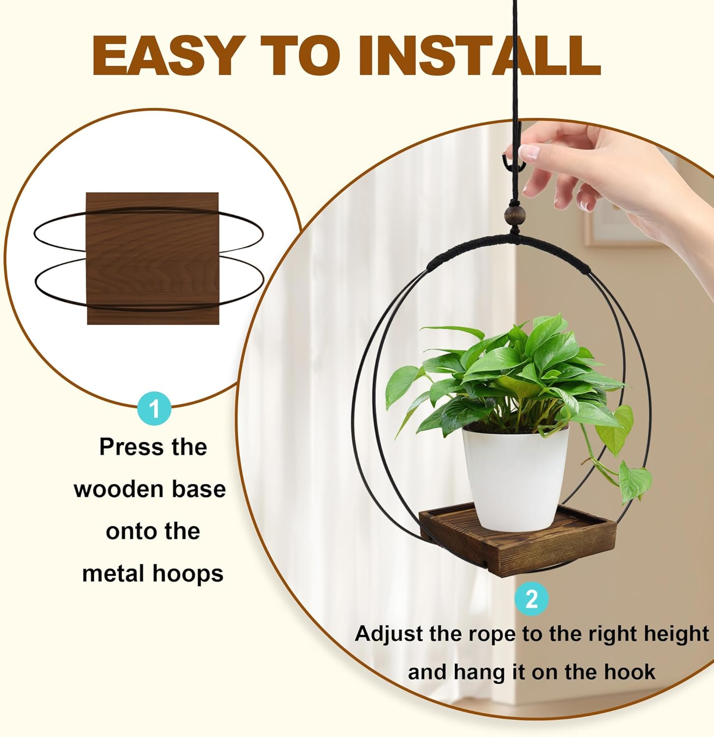 2 Pack Hanging Plant Holder, Metal Wall Hanging Planter with Wood Base, Plant Hangers Indoor, Hanging Flower Basket for Outdoors, Swinging Plant Pot for Room Ceilings Window (Brown) image number 5