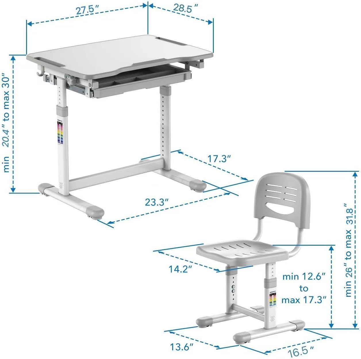 Desk and Chair Set Height Adjustable up to 30" Ergonomic Kids Desk School, Kids Table and Chairs for Student 27" X 20" Tabletop with Pencil Drawer, 3-10 Age Children, Grey image number 6