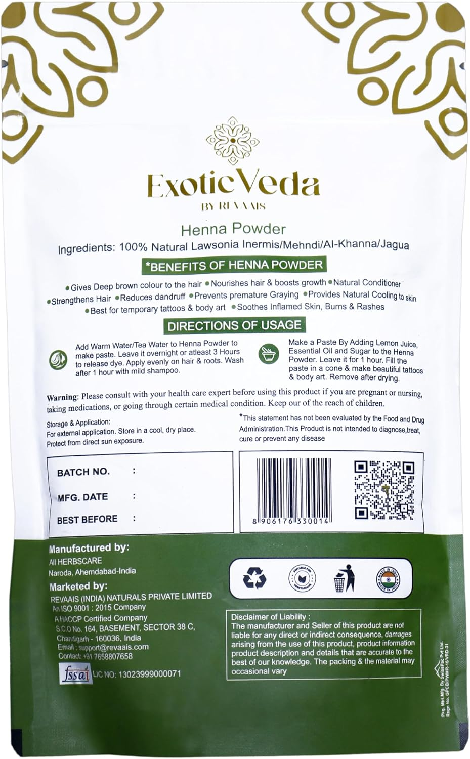 Exotic Veda Organic Henna Powder | 100% Natural Hair Dye from Rajasthan India Lawsonia Inermis Non-Gmo Deep Brown (100G) image number 5