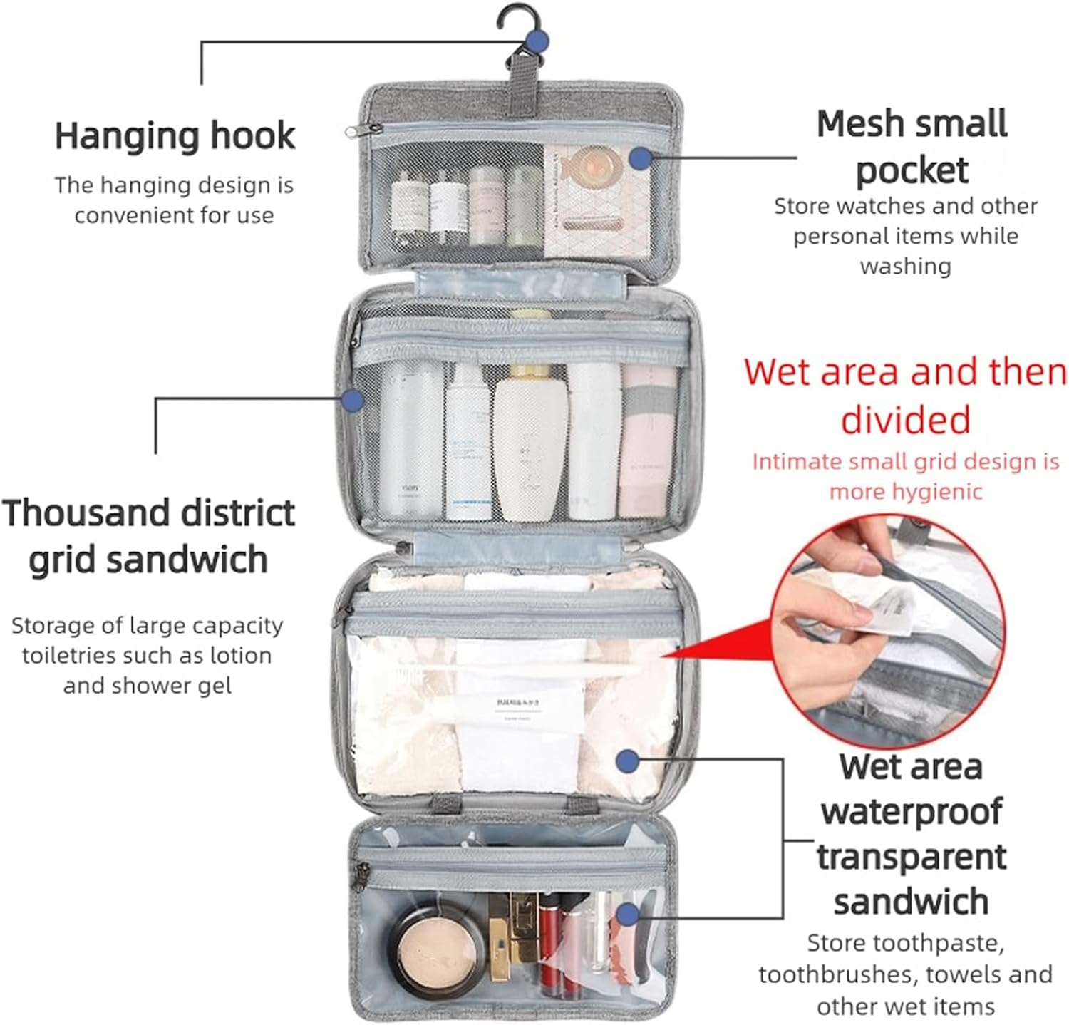 Hanging Travel Toiletry Bag for Women & Men, 4-Fold Waterproof Travel Makeup Bag with PVC Compartments, Large Capacity Cosmetic Wash Bag for Vacation Business Travel (Grey) image number 1