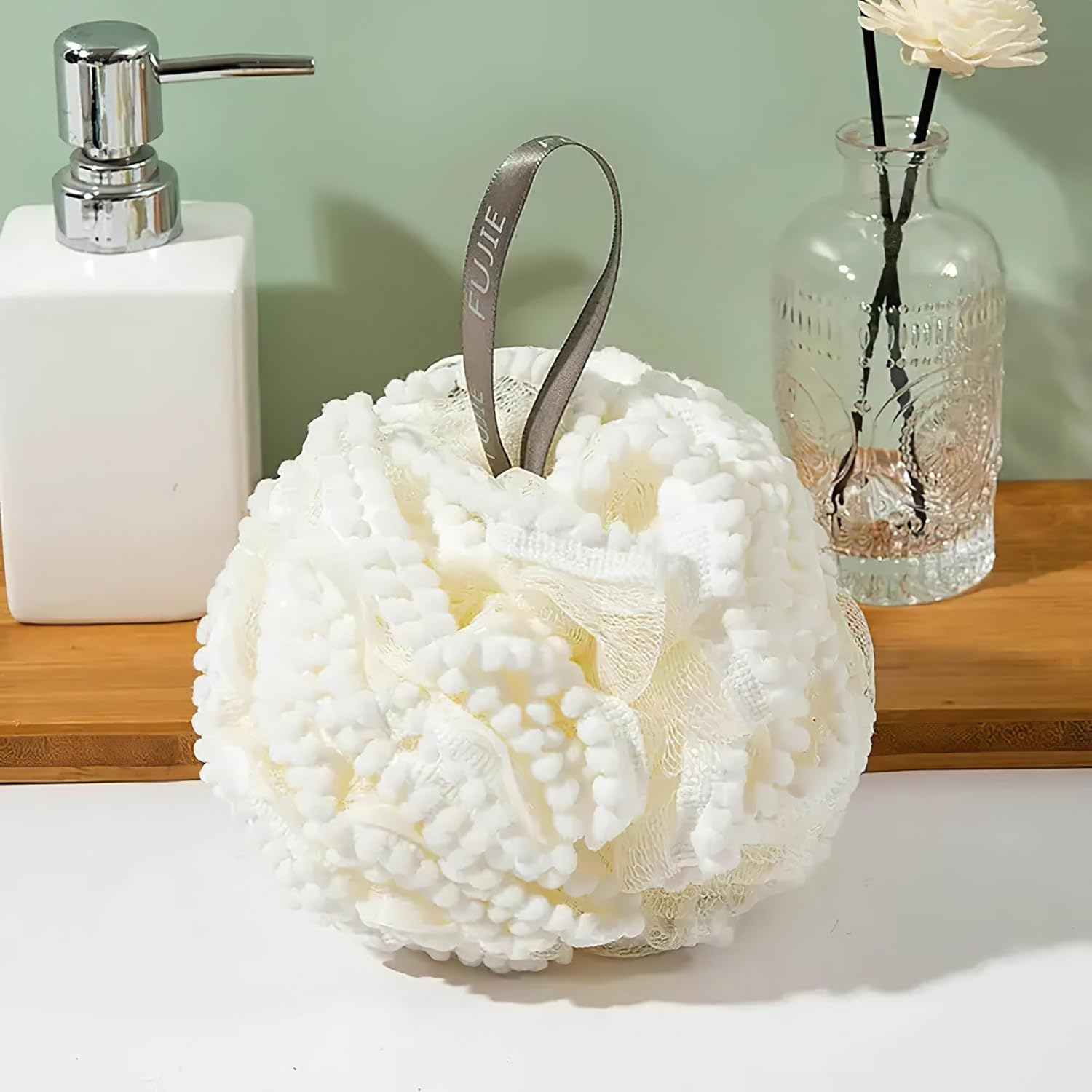 Luxurious Large Bath Loofah Sponge Pouf Puff Ball Mesh for Shower - Soft, Quick-Dry Exfoliating Foaming Deep Cleansing Body Scrubber - White image number 3