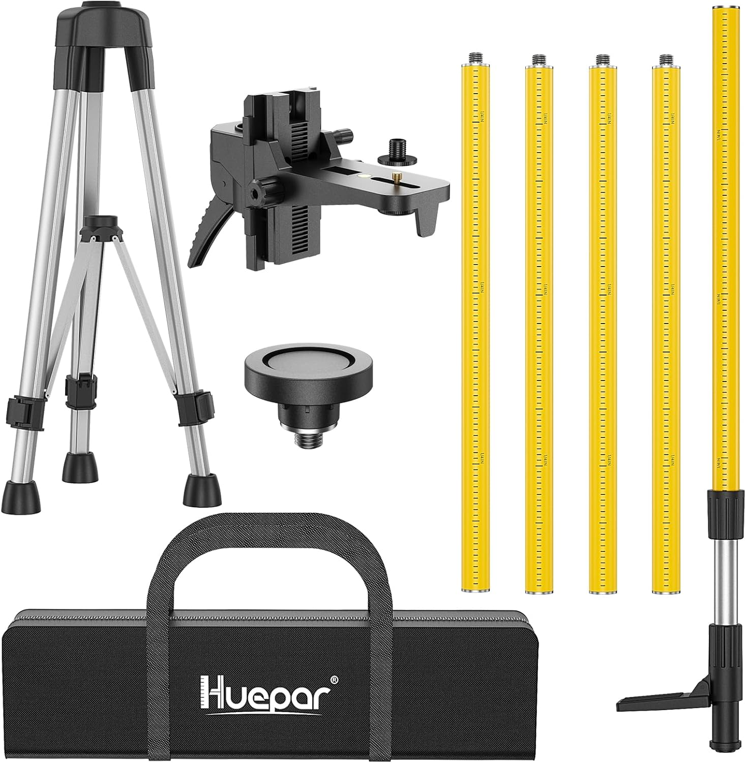 Huepar 3.7M /12 Ft. Professional Laser Level Pole with Tripod and 1/4"-20 Inch Laser Mount for Rotary and Line Lasers, Adjustable Telescoping Laser Pole with 5/8"-11 Threaded Adapter-Lp36A