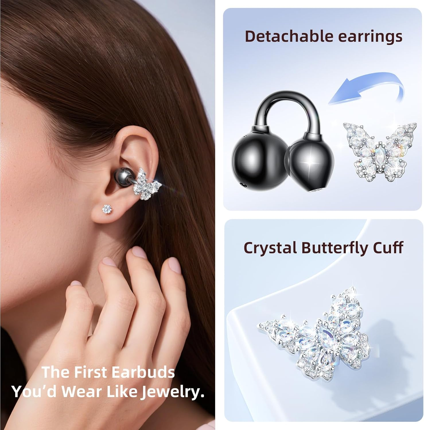 Kinglucky Clipfree A20 Open-Ear Earbuds with Butterfly Earrings, Secure & Comfort Fit, Premium Sound Clip-On Earbuds with Digital Display, 50H Playtime Bluetooth 5.4 Wireless Headphones Black image number 6