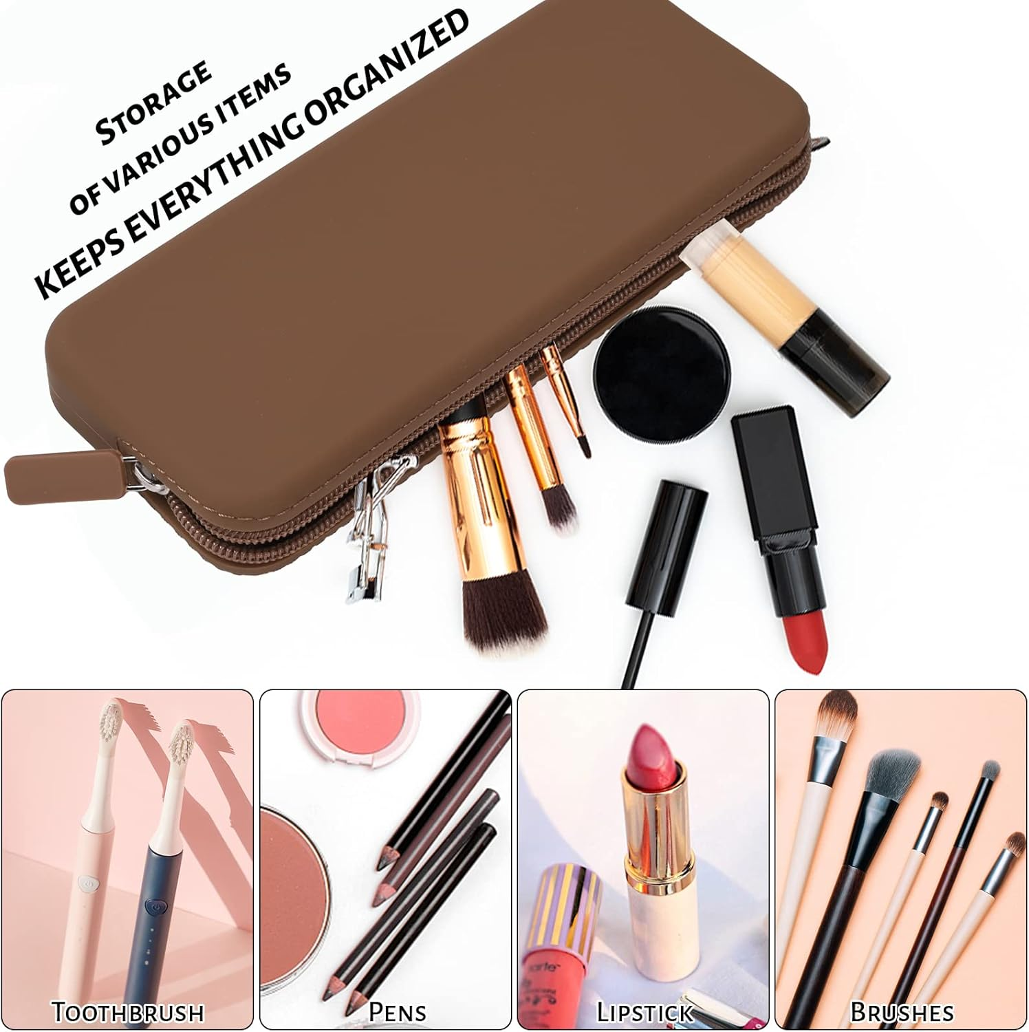 Travel Makeup Brush Holder, Brown, Casual image number 3