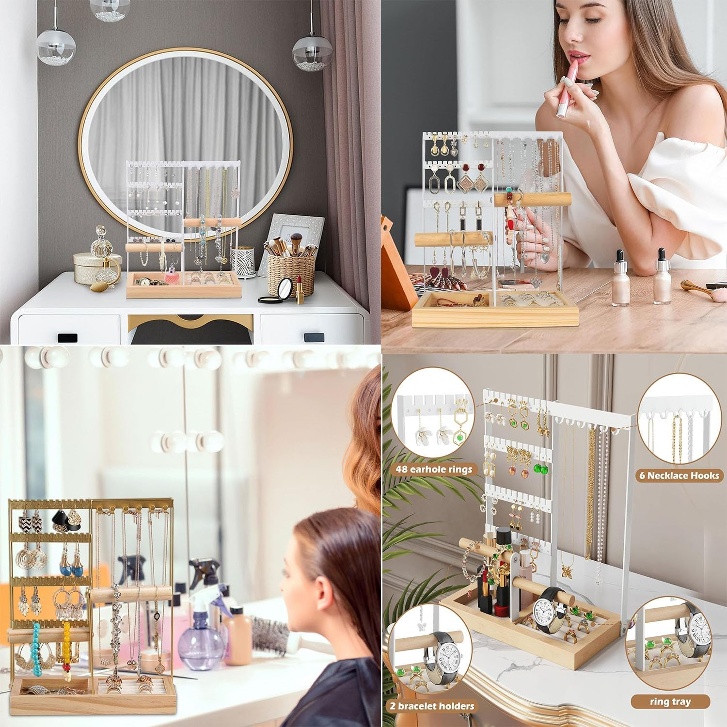 Paifeancodill Jewellery Stand Earring Stand Holder Jewelry Display Stands Necklace Holder Jewellery Holder with Storage Tray and Holes Wooden Jewellery Organiser Fornecklaceearringkeywatch (Gold)