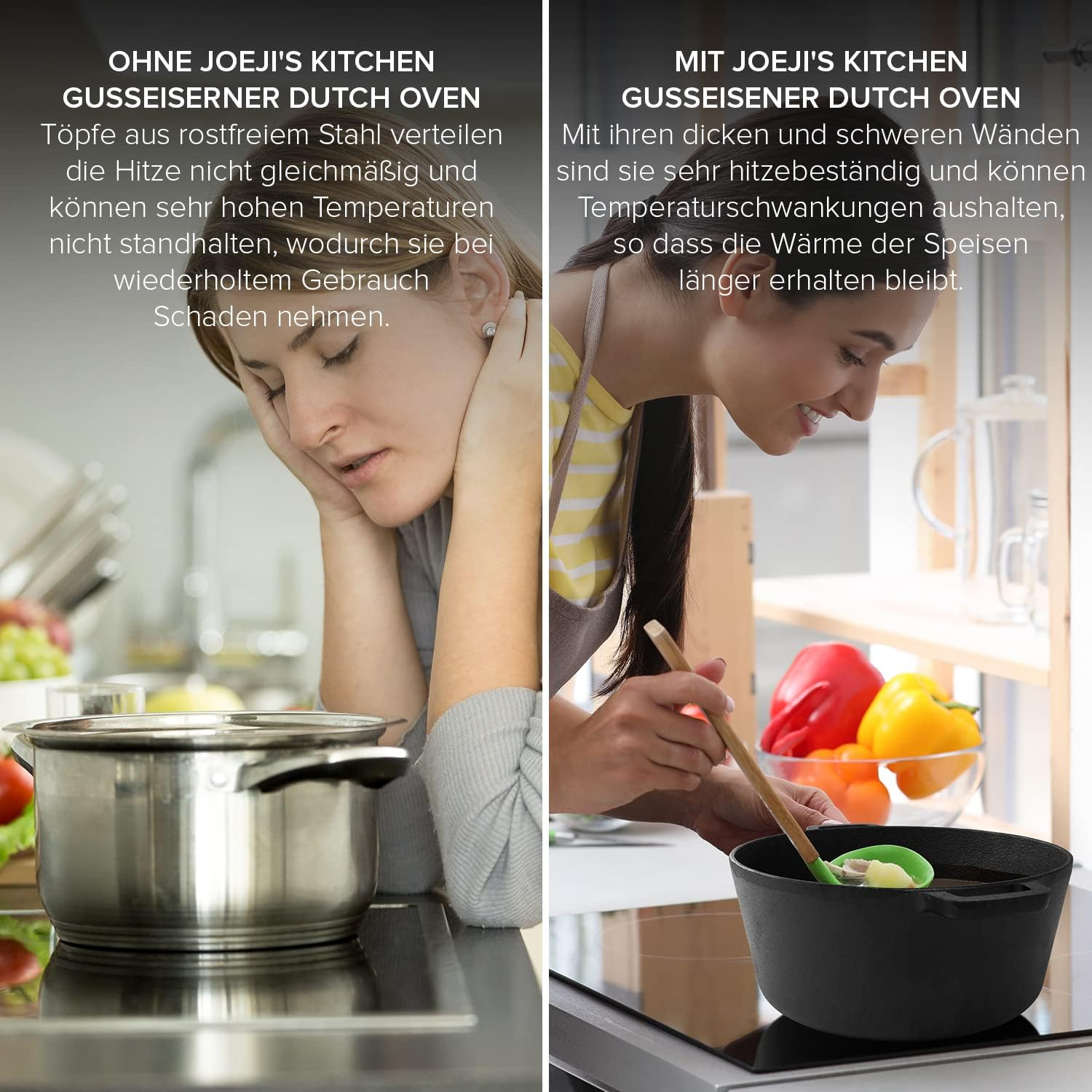 Joeji'S Kitchen Dutch Oven 4.7L Pre-Seasoned Cast Iron Pot with 1.75L Multiuse Lid Suitable for Oven & All Hob Types - 2 in 1 Cast Iron Dutch Oven Pot for Bread Making Braising Meat Simmering Stew & More image number 2