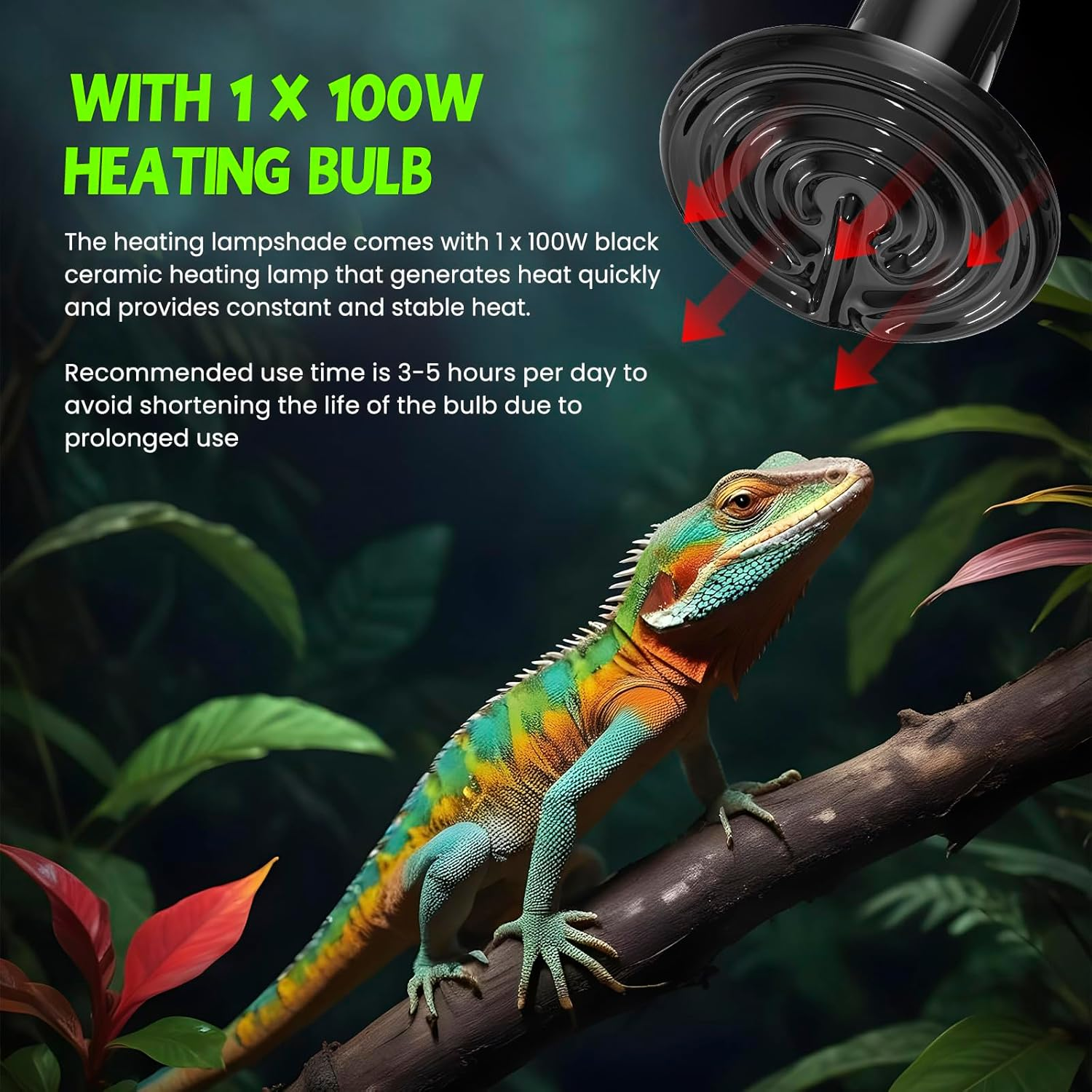 Lamptobe Reptile Heat Lamp Dome Light Fixture 160W, Heat Lamp Holder E27 with 1 Ceramic Heat Bulb 100W, Anti-Hot Tortoise Heat Lamp with Clip for Puppies, Chicks, Bearded Dragon, Lizard, Tortoise image number 2