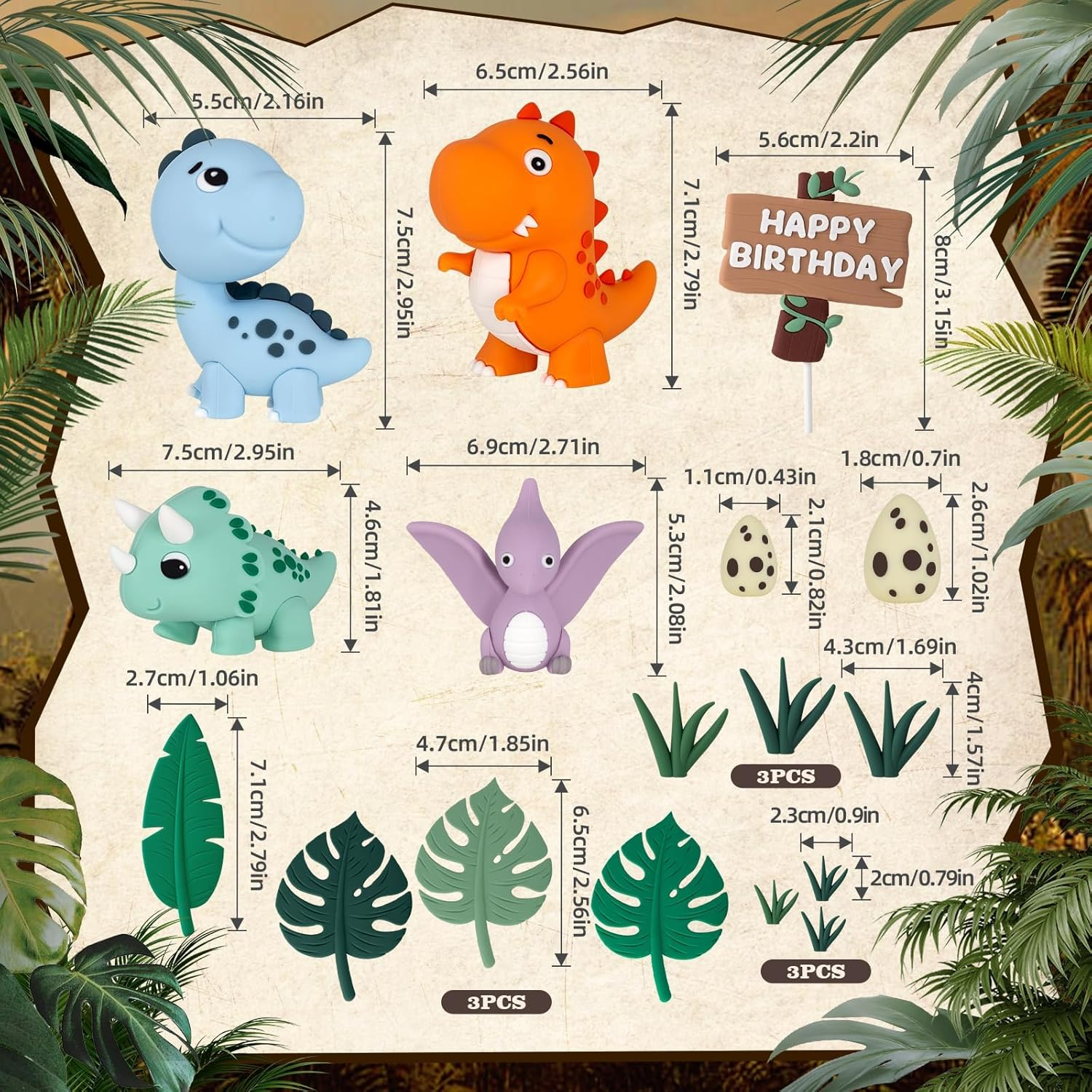 17PCS Dinosaur Cake Topper, Dinosaur Eggs Leaves Grasses Cake Decorations with Happy Birthday Sign Cake Toppers for Birthday Party Decorations, Safari Animal Themed Party image number 1