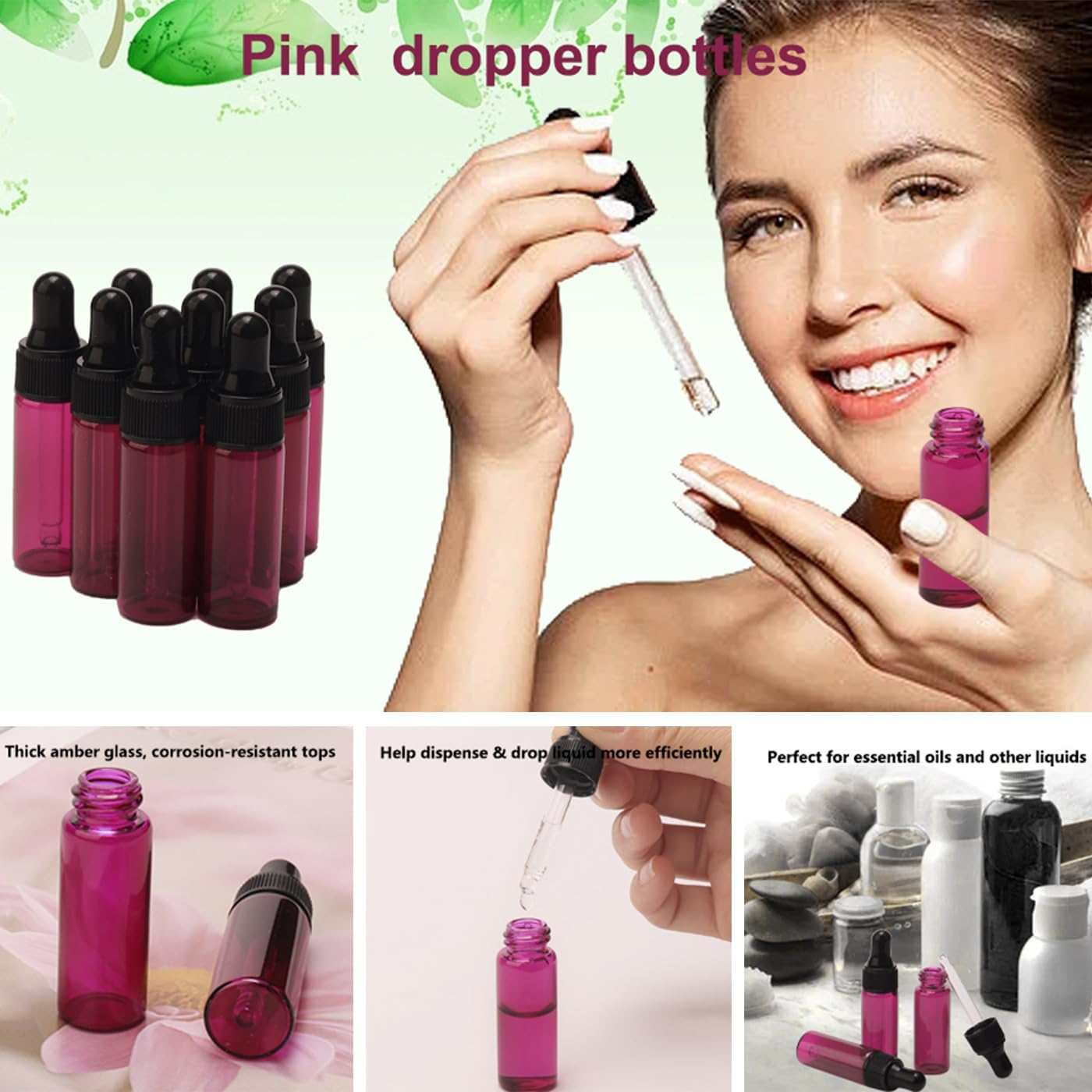 Pxyelec 30Pcs 5Ml 1/6Oz Black Plastic Head Essential Oil Bottle Pink Glass Dropper Bottles with Tapered Glass Droppers Black Plastic Ring Use for Fragrance, Lotion,Essential Oil, Treatment, Pink, Standard image number 5