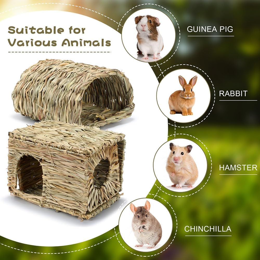 2 Pack Large Grass House and Tunnel for Small Animal, Hand Crafted Natural Grass Hideaway Foldable Bed Hut for Bunny Guinea Pig Chinchilla Ferret for Play and Sleep image number 1