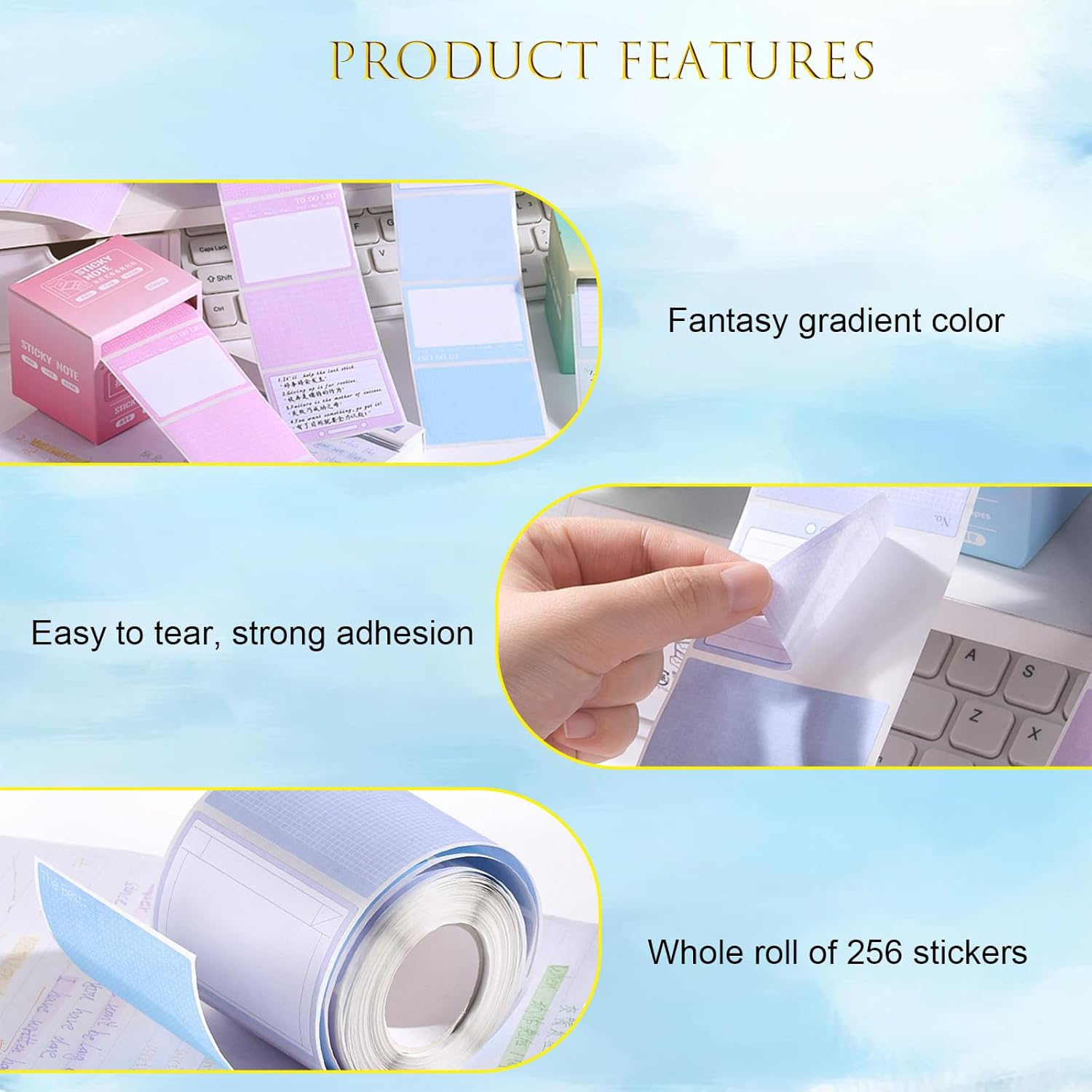 Fkereg 2 Pack Pull-Out Full Adhesive Sticky Notes Roll Tape 512 Sheets 8 Patterns, 1.8 X 2.5 Inch Cute Sticky Note Pads, Colorful Self-Stick Memo Paper Pad Label Stickers for Writing, Blue & Green image number 3