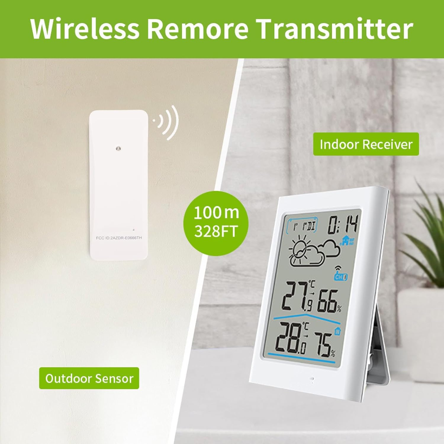 Indoor Outdoor Thermometer Wireless Weather Station, LCD Large Display Temperature & Humidity Monitor Weather Forecast with Clock