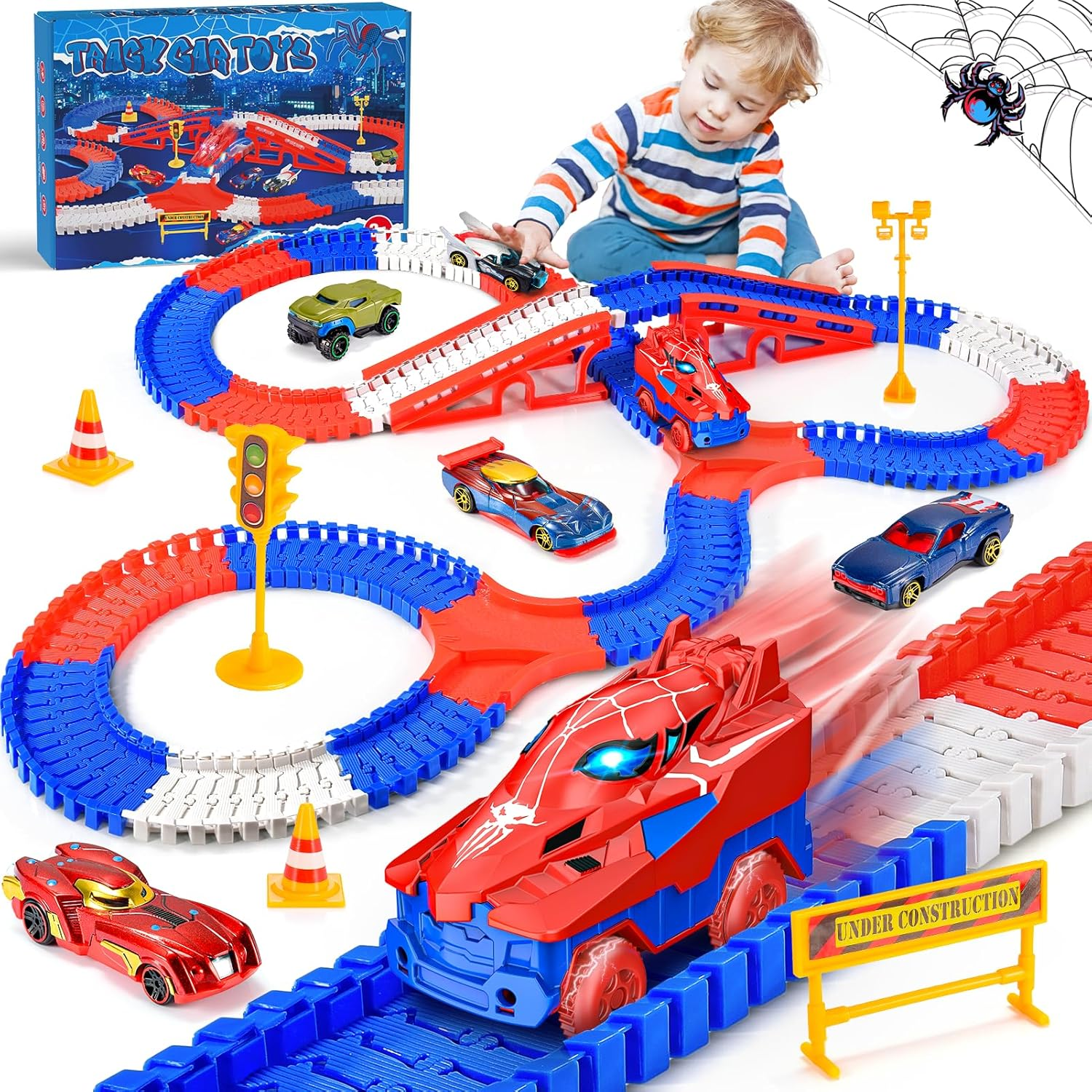 Spider Toys for Boys, 251 PCS Spider Race Track with 5 Alloy Cars Toys for 3 4 5 6 Year Old Boys Car Tracks for Kids Toddler Boys Toy Age 3-5 4-6 6-8 Easter Birthday Gifts image number 2