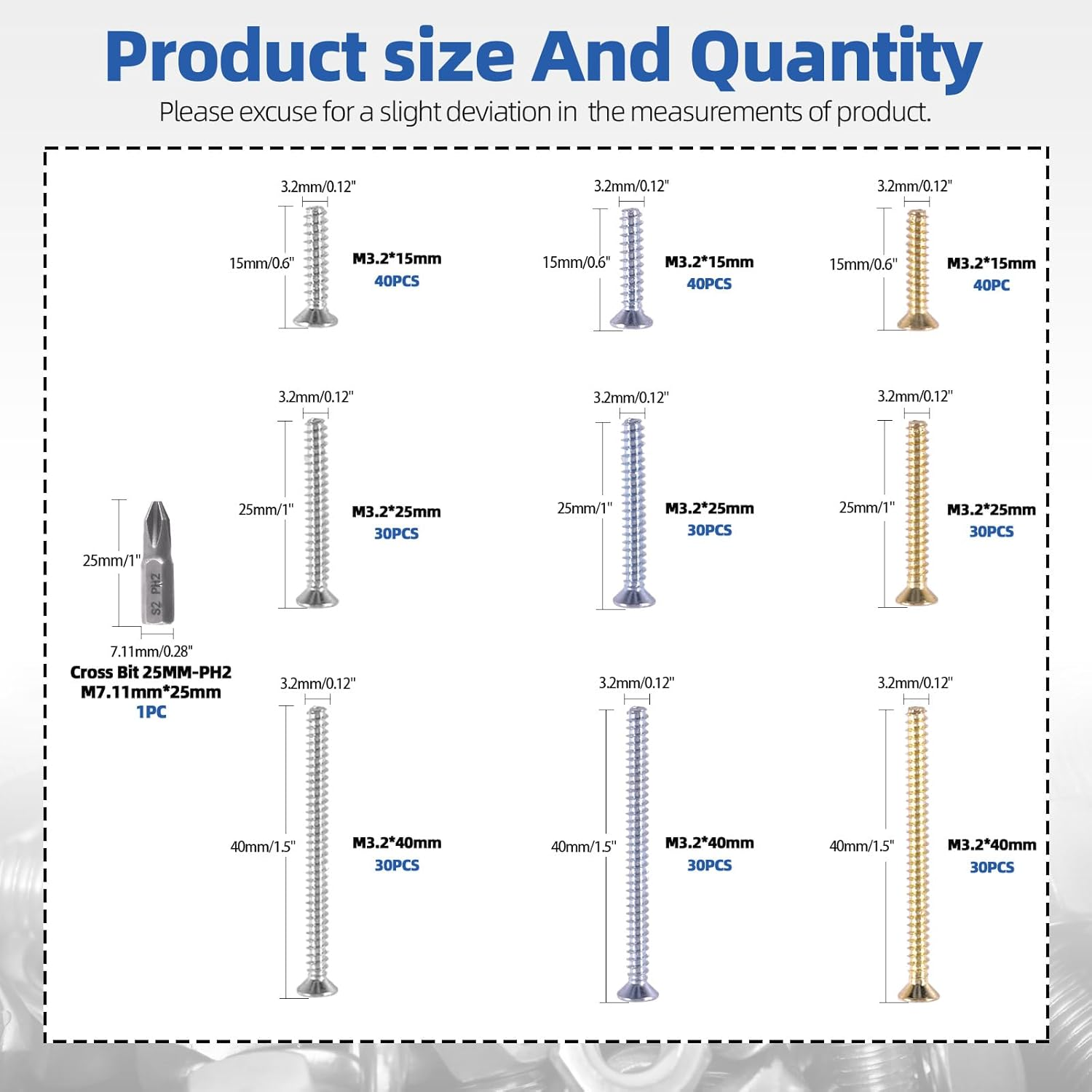 Glarks 301Pcs M3.2 X 15/25/40Mm Device Screws, 200Pcs 3 Colors Slotted Head Screws and 100Pcs Cross-Head Screw, Flat Head Phillips Machine Screw, Countersunk Screws with 1Pcs PH2 Bit image number 3