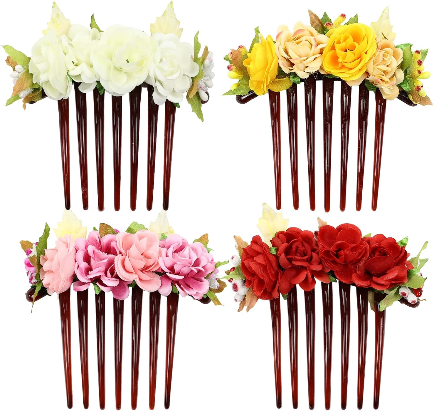 Cinaci 4 Pack Artificial Flower Plastic Hair Side Combs Slides Clips Rose Floral Wedding Bridal Headpieces Hairpins Barrettes Bun Chignon Hair Accessories for Women Flower Girls Brides Bridesmaids image number 5