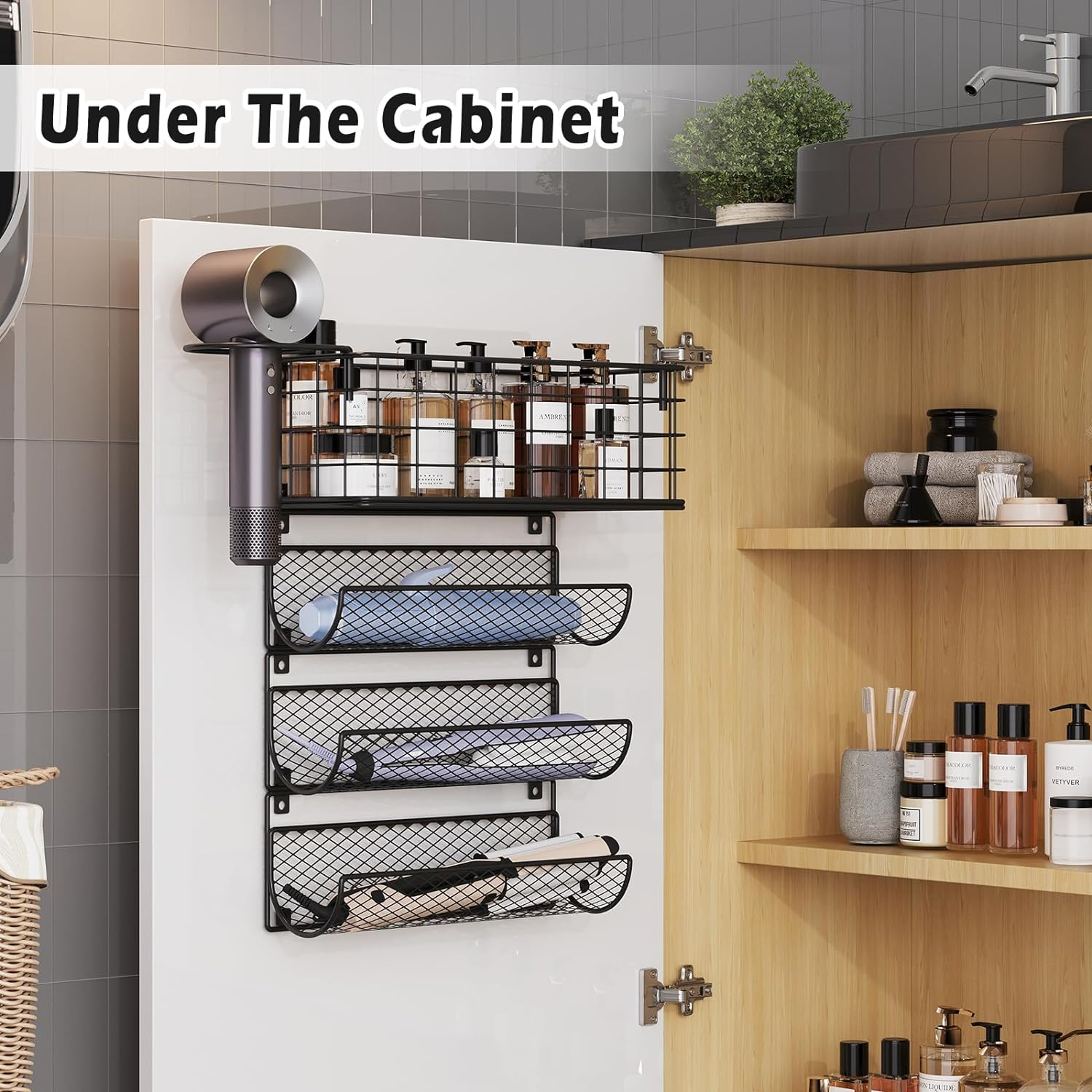 Wall-Mounted Hair Dryer Holder Styling Tool Organizer 4-Shelf Storage Wire Basket with Hook Heat Safe Rack for Hair-Straighteners,Curling Wands,Flat Iron,Perfume,Cabinet Door Bathroom Kitchen - Black-1 Basket  2 Shelf image number 2