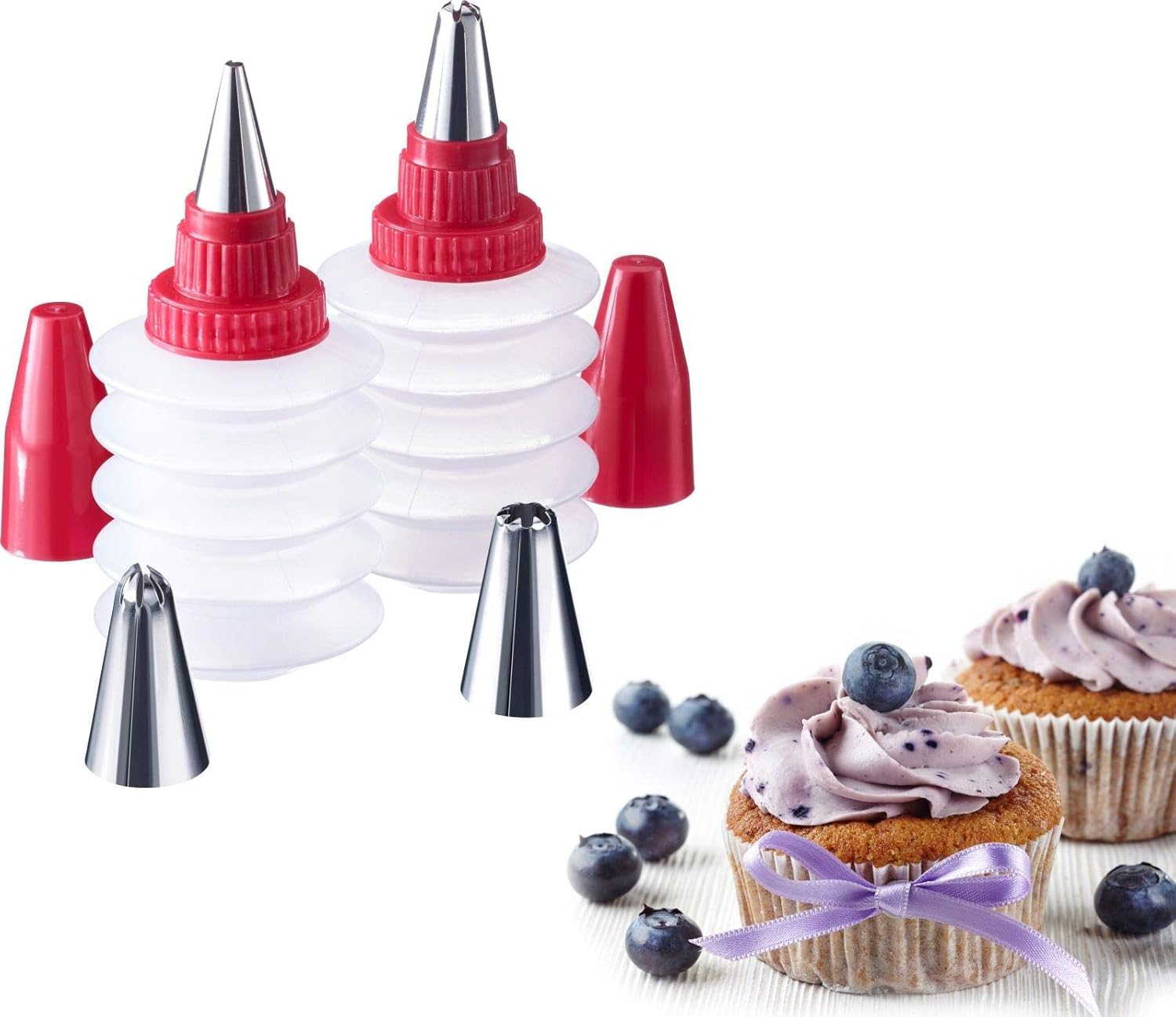 Westmark Decorating Bottle Set, 2 Bottles and 4 Nozzles, with Caps, Plastic/Stainless Steel, Transparent/Red/Silver, 31142260 image number 2