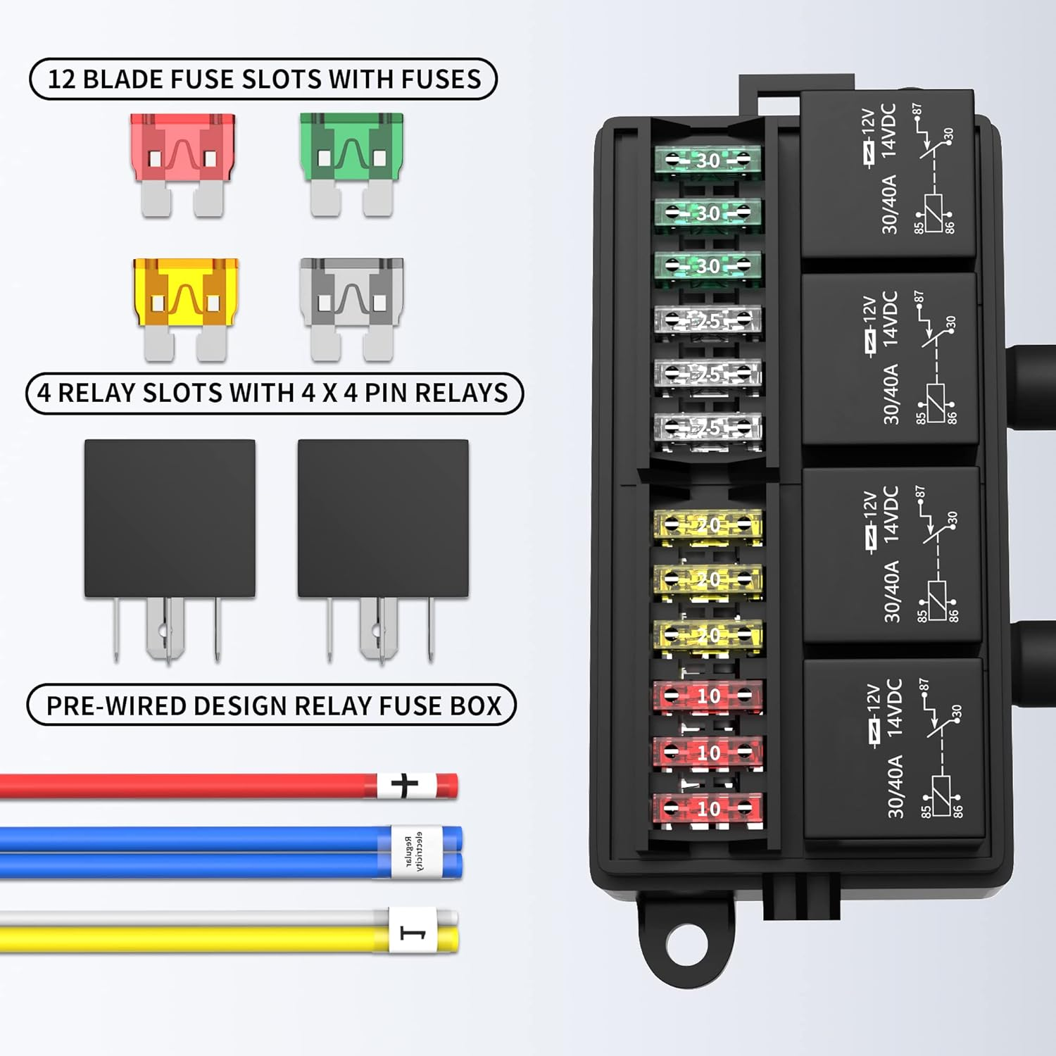 RVBOATPAT 12 Vlot Fuse Relay Box Pre-Wired Fuse and Relay Box with 6 Relays and 11 Way ATC/ATO Blade Fuses, 12V Relay Fuse Box Block for Auto Car Marine Boat