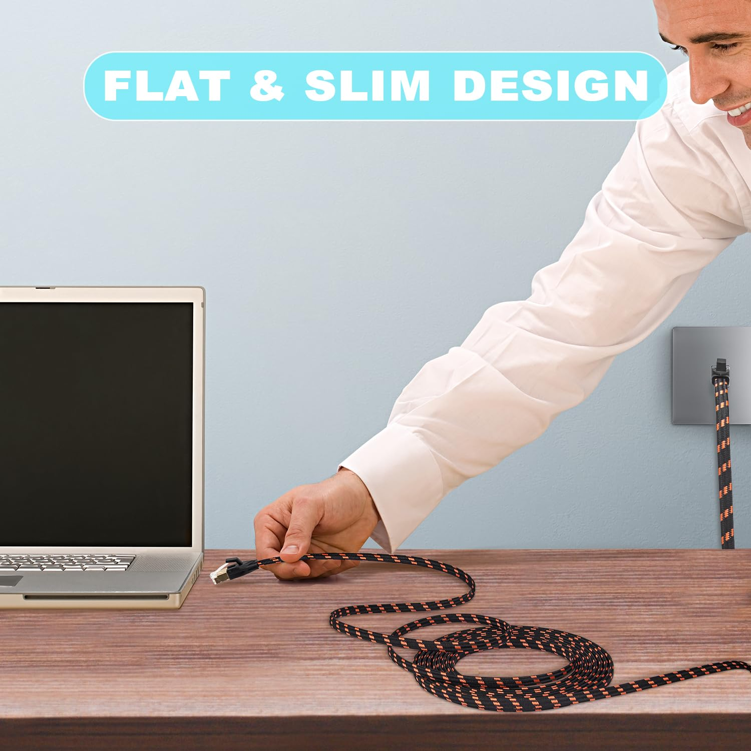 Cat 8 Ethernet Cable 20M, Nylon Braided High Speed Cat8 Network LAN Patch Cord, 40Gbps 2000Mhz Shielded RJ45 Flat Internet Cable in Wall, Indoor & Outdoor for Modem/Router/Pc/Gaming image number 6