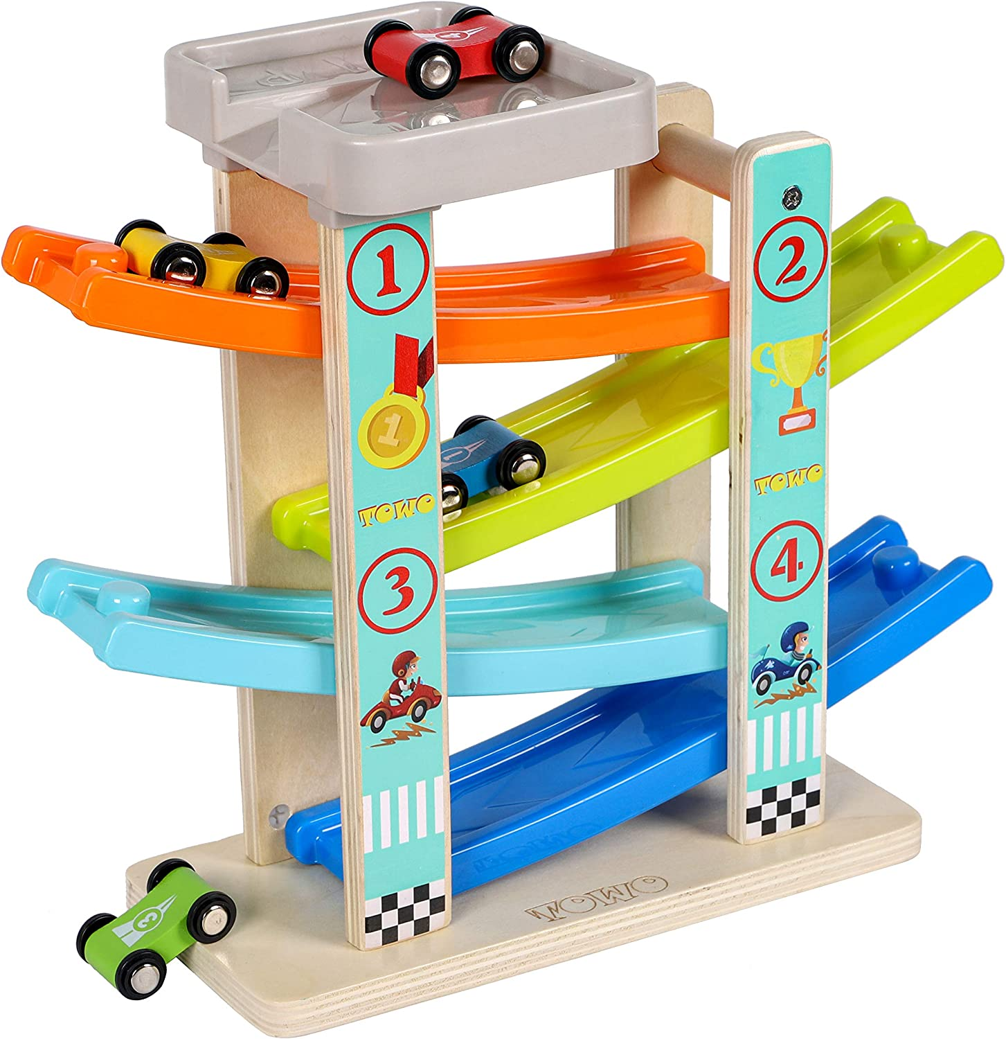 TOWO Wooden Car Ramp Toy- Zig Zag Car Slide with 4 Wooden Cars & Roof Top Car Park Playsets-Click Clack Track Wooden Car Toys for Toddlers -Racing Car Toys for Kids Boys Girls 1 2 3 4 image number 3