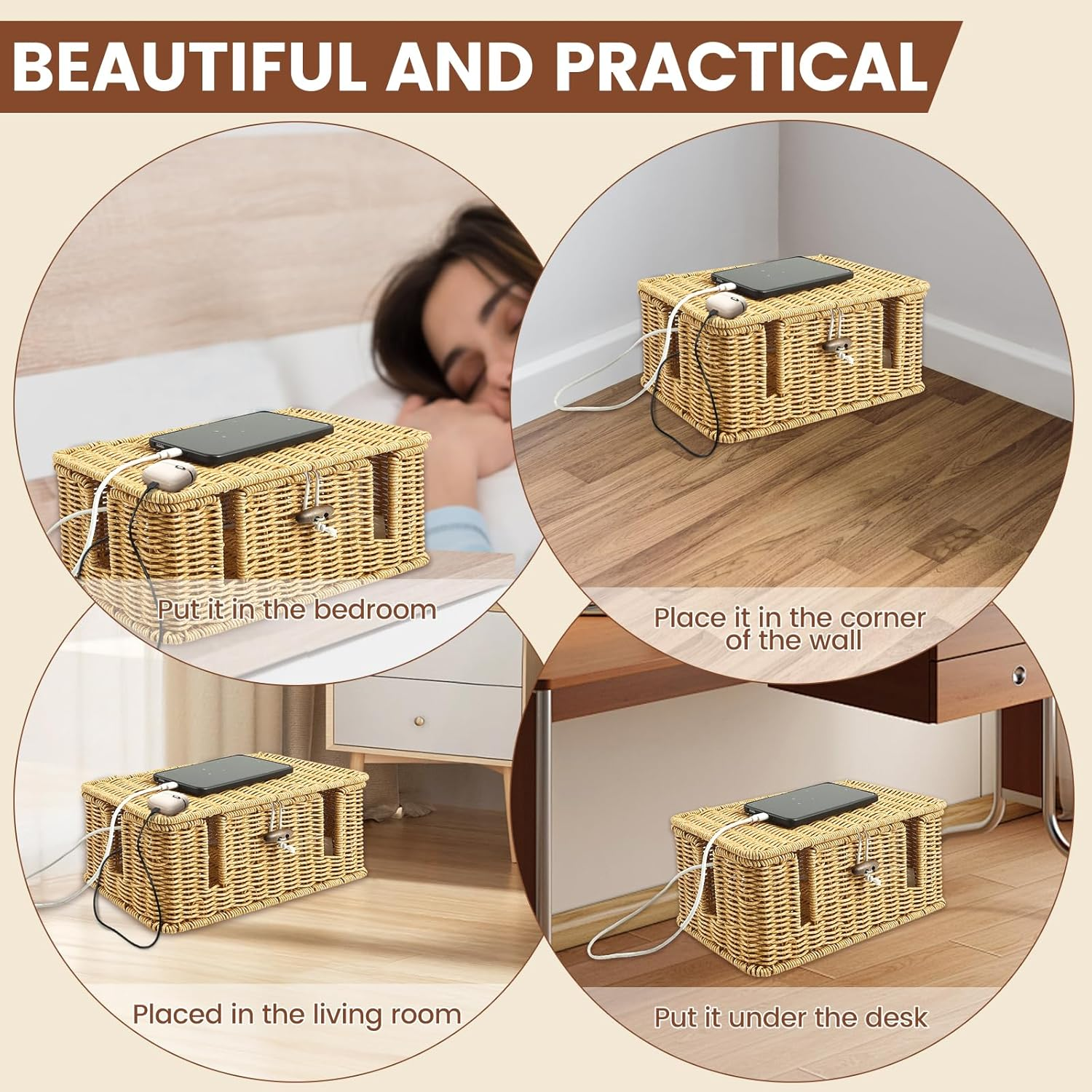 Handmade Rattan Cable Management Box,3 Open Slots Cords Hider Boxs, Safe Practical Cords Holder Functional Cable Organizer Solid under Desk Cord Hider Box for Home Using image number 2