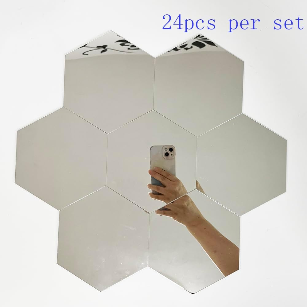 24Pcs Silver Hexagon Mirror Acrylic Wall Stickers with Adhesive Art Decal Satin Paper Baby Kids Bedroom Home DIY Decor Removable Stickers (Hexagon Silver) image number 6