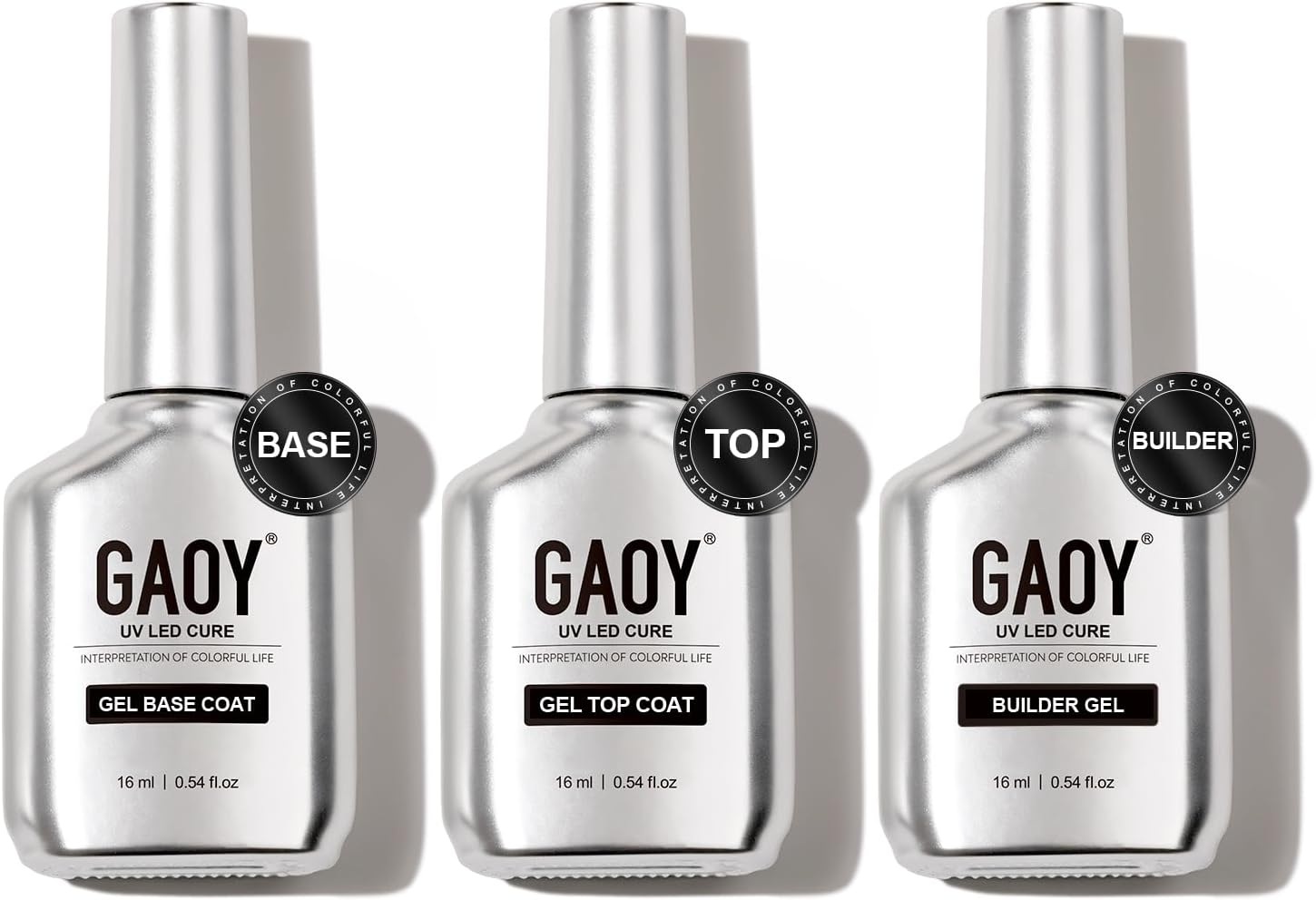 GAOY Gel Top Coat, Builder Gel and Base Coat Set, 3 Pcs 16Ml Clear Glossy No Wipe Combination for UV Light Cure Gel Nail Polish