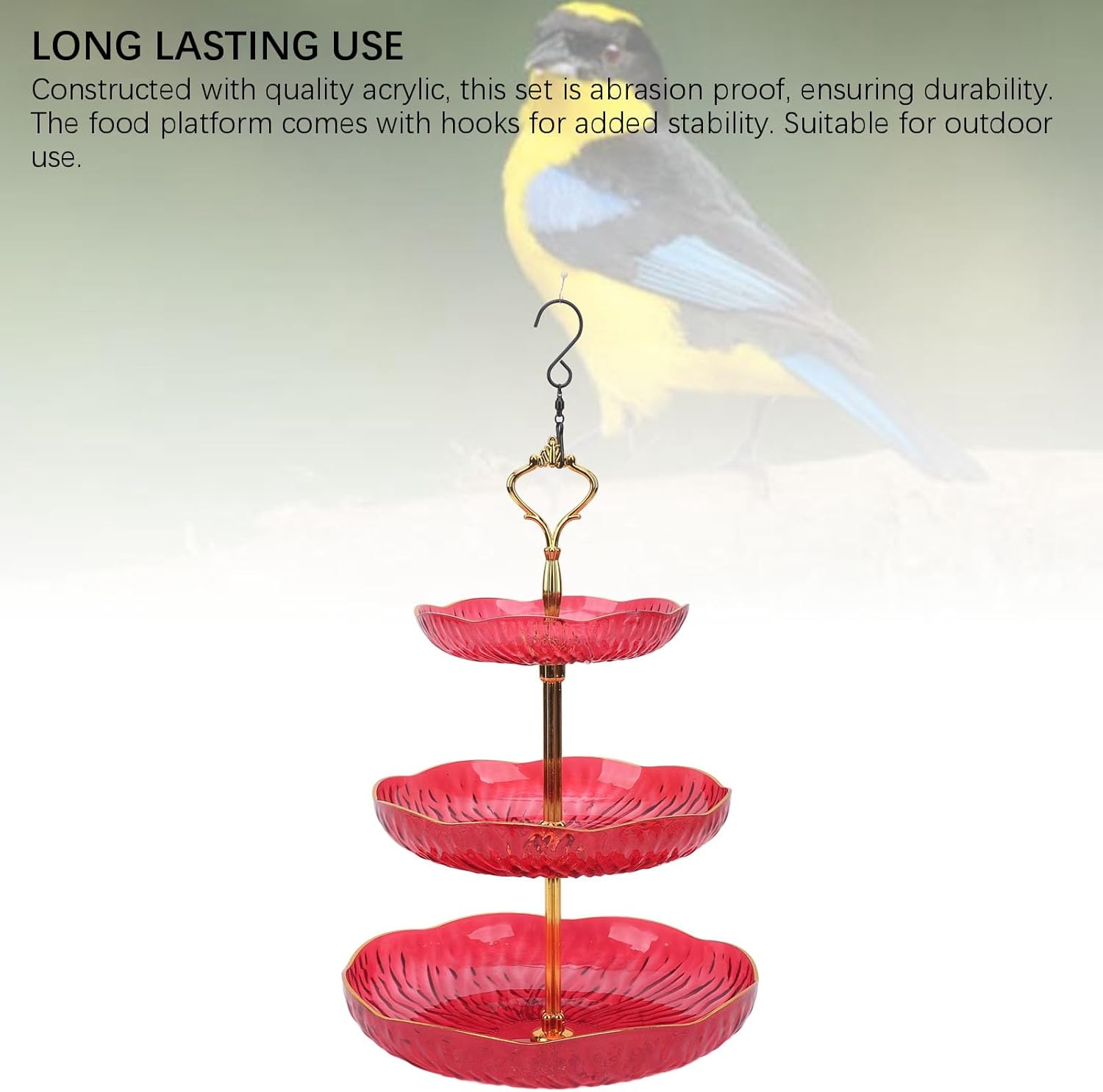 Pomya Hanging Bird Bath Tray, Aesthetic Enduring 3 Tier Hanging Bird Feeder Acrylic Promote Air Circulation for Backyard (Red) - Red image number 3