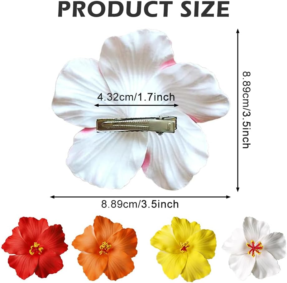4Pcs Hawaiian Flower Hair Clips, 3.5 Inch Artificial Flower Clips, Hibiscus Flowers Clip for Vacation Beach Party, Boho Clips for Girls Wedding image number 4