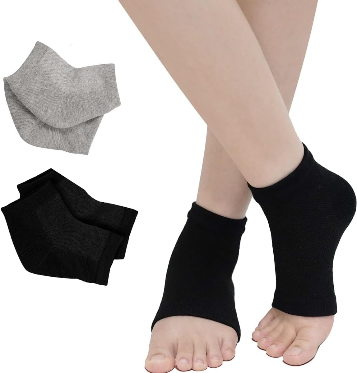 Moisturizing Heel Socks 4 Pairs Gel Lined Toeless Spa Socks to Heal and Treat Dry, Cracked Heels While You Sleep(Black+White+Purple+Pink) image number 3