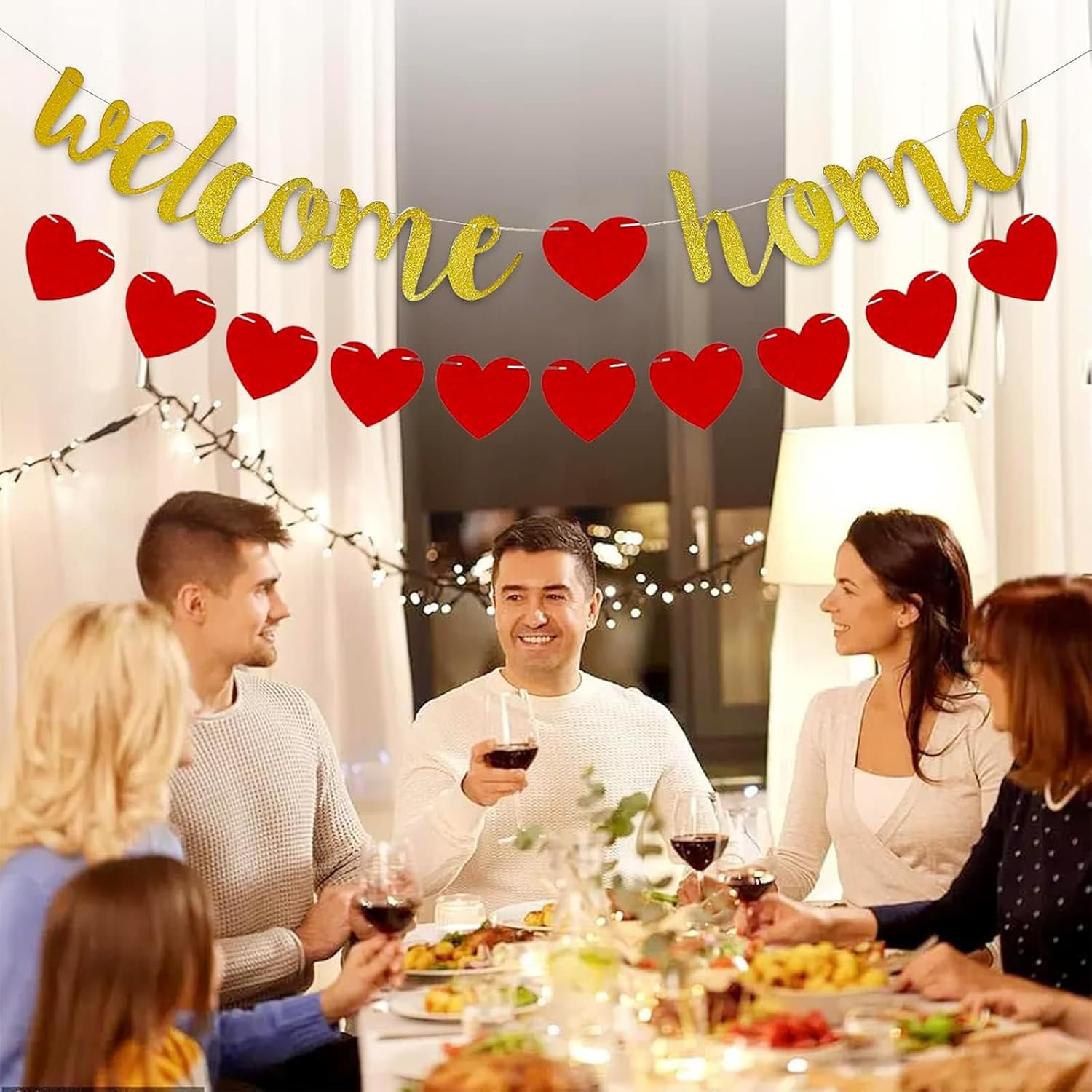 Yeanifeana Welcome Home Banner with Pre-Strung Sparkling Heart Garland, Ready-To-Hang Decoration for Homecoming, Military Return, Family Reunion, Graduation & Housewarming Backdrop, Photo Props, Celebrations image number 4