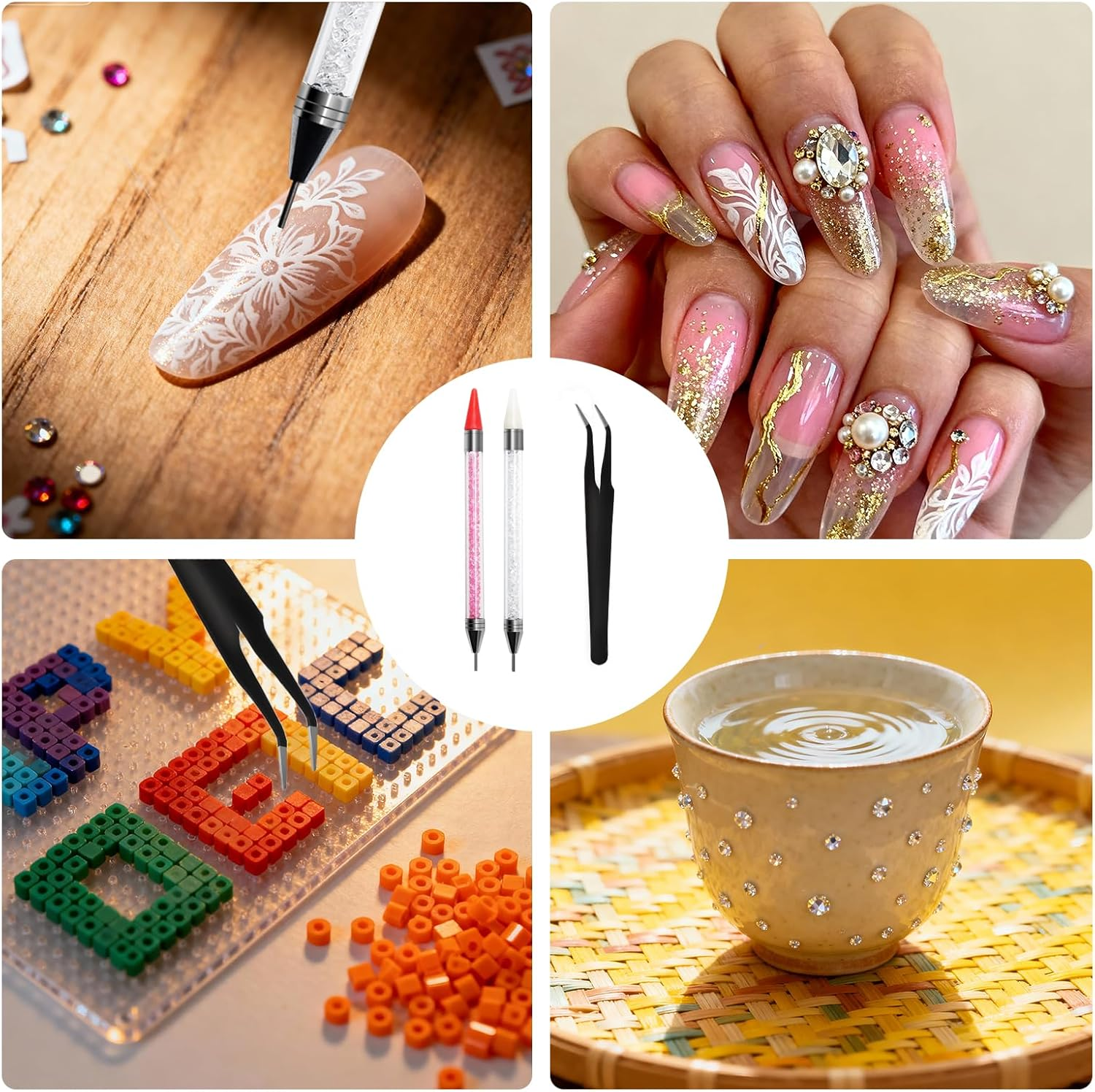 TNSLAND 2 X Acrylic Rhinestone Picker Dotting Pen Dual Ended Gemstones with 4 Wax Heads, Nail File and 1 Tweezers, Nail Rhinestones Picker Dual-Ended Wax Pen for Nail Art & DIY Jewellery image number 5