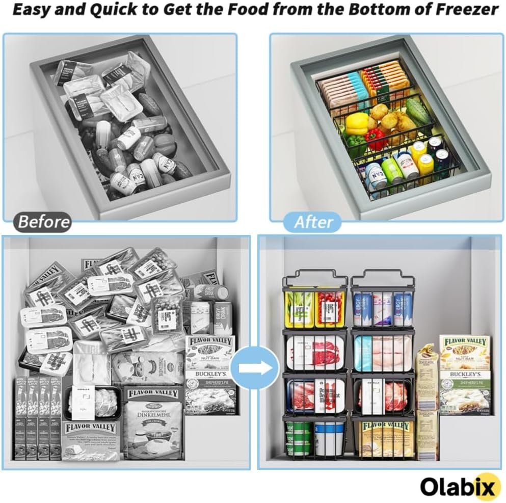 OLABIX Freezer Organiser Bins with Side Handles (37X18X13Cm), Stackable Chest Metal Wire Storage Basket Deep Freezer Organizer Sort Frozen Meats, Vegetables, Foods for Kitchen & Pantry (4-Pack) image number 3