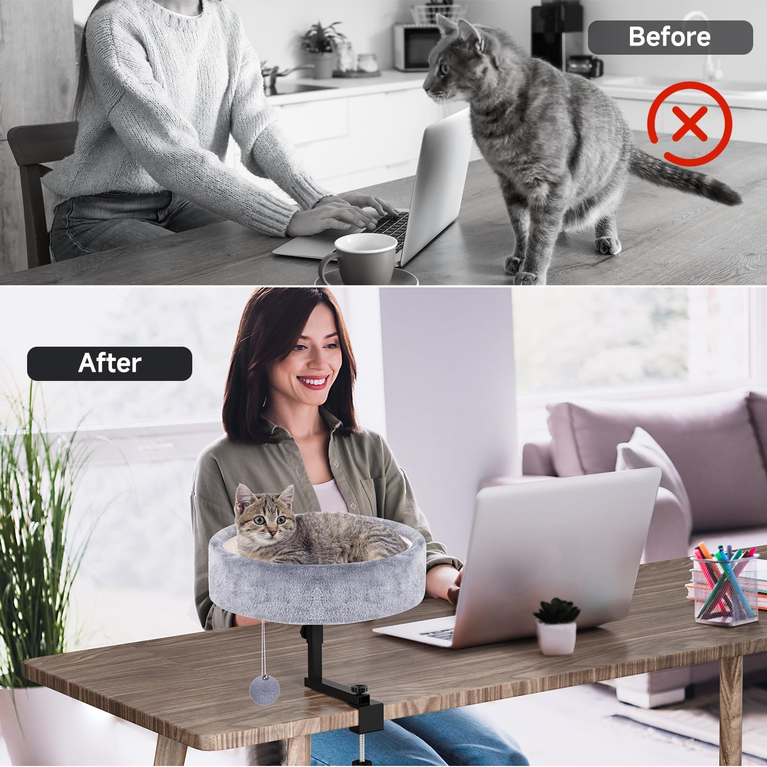 Cat Desk Bed - 360&deg; Rotating & Adjustable, Supports 44 Lbs, Soft Faux Fur with Dual-Sided Reversible Mat, Modern Indoor Cat Nest Furniture for Office Desks and Game Tables, Island Table - Brown image number 7