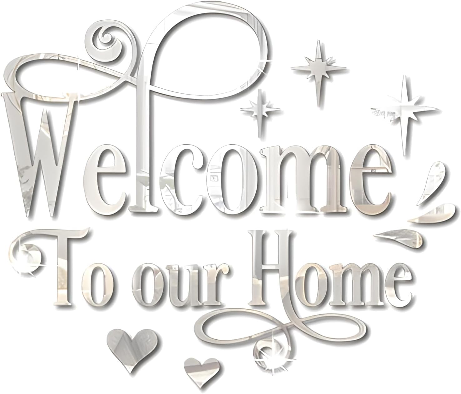 INCAUCA Welcome to Our Home Wall Decor Sticker, Home Acrylic 3D Mirror Wall Decal, Removable Art Letter Sign, Wall Door Quote Decoration DIY for Living Room Bedroom Sofa TV Background (Silver)