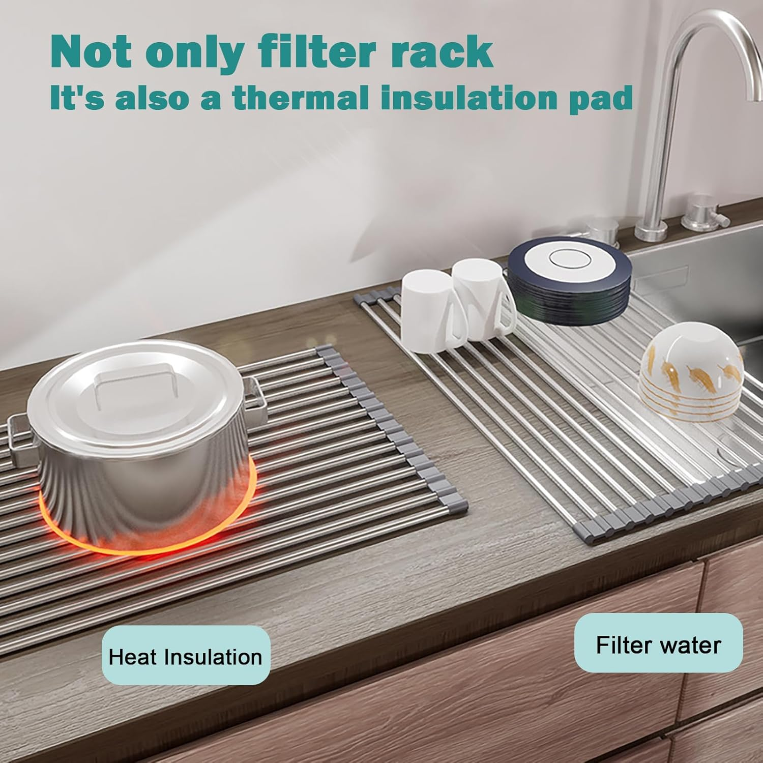 Roll up Dish Drying Rack, Foldable Stainless Steel over Sink Drainer Mat, 43Cm(L) X 35Cm (W), Space-Saving Kitchen Counter Dish Drainers for Dishes, Fruits, Vegetables (Grey) image number 4