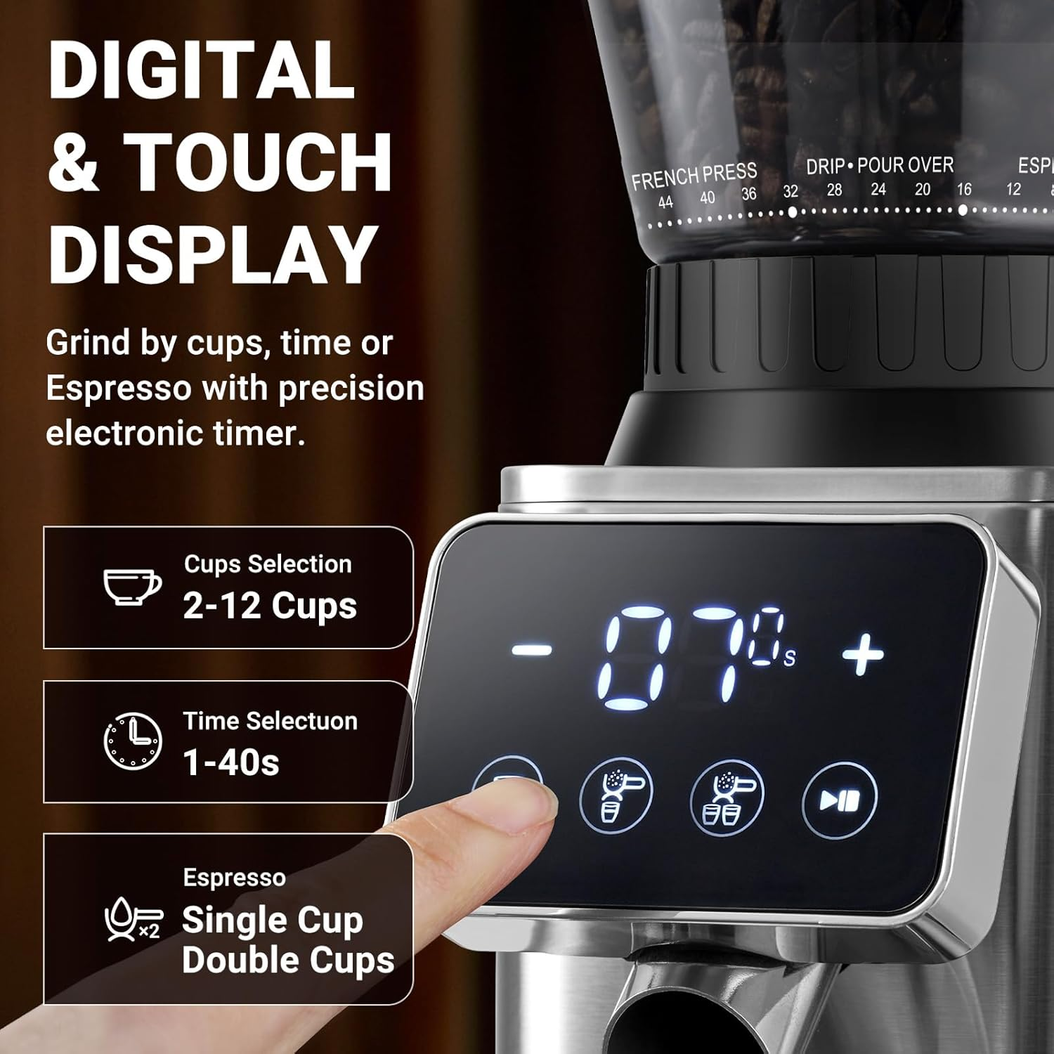 AMZCHEF Electric Coffee Grinder, Conical Burr Grinder with 48 Precision Grind Settings, LED Panel Control, Detachable Funnel Stand for Espresso, Drip, French Press, Easy to Clean, Stainless Steel image number 5
