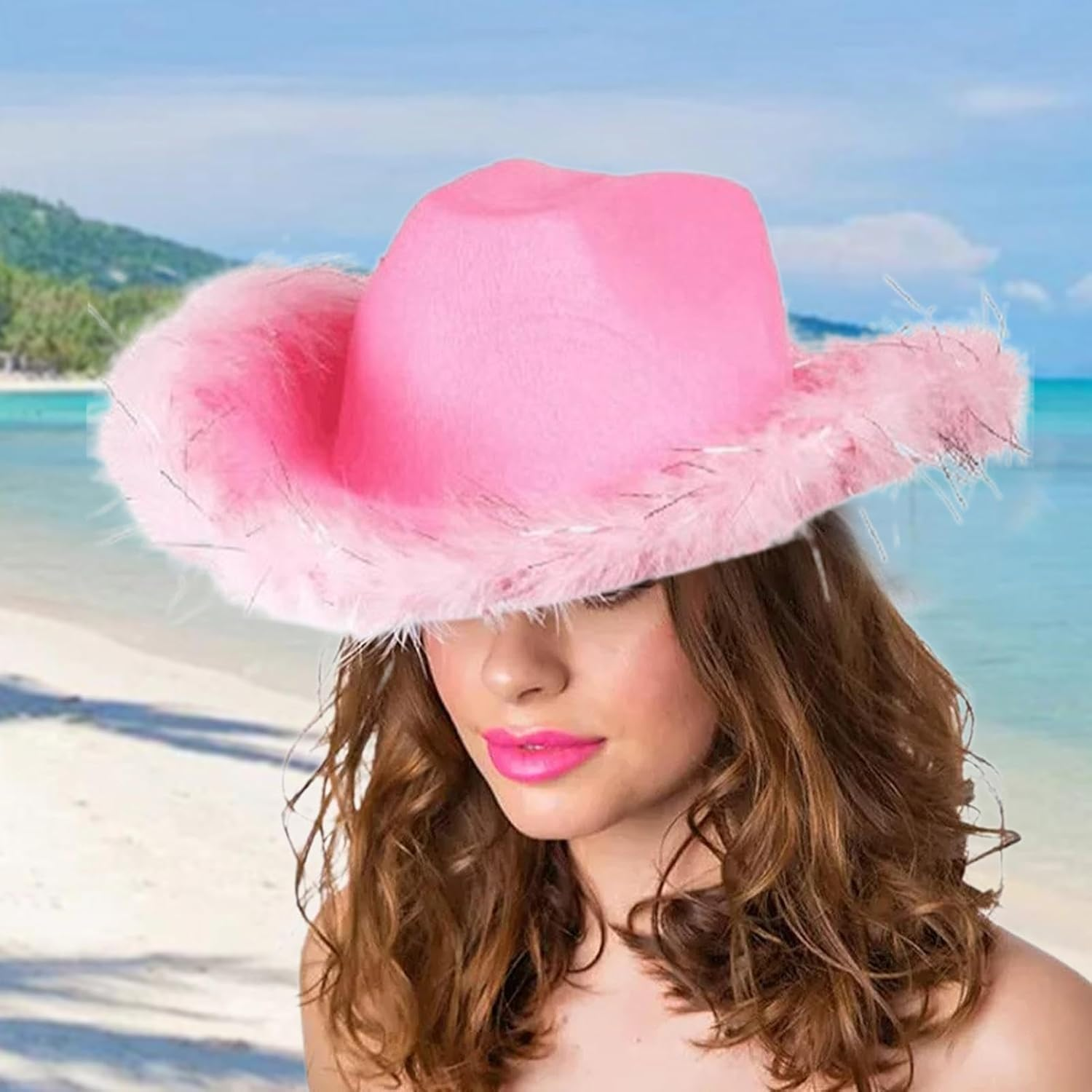 Cowgirl Hat with Feather Trim - Sparkly Cowgirl Hat,Bride Festival Fancy Dress Sparkly White Trim Hats Western Hats for Party Costume, Cowboy Themed Birthday - Pink image number 3