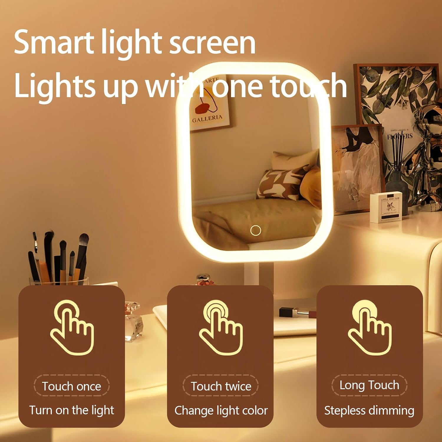 LED Makeup Mirror with Touch Screen, Portable, Lighted Vanity Mirror for Home and Office,No Magnifying Glass Function (Pink Three-Coloured, Elliptical) image number 3