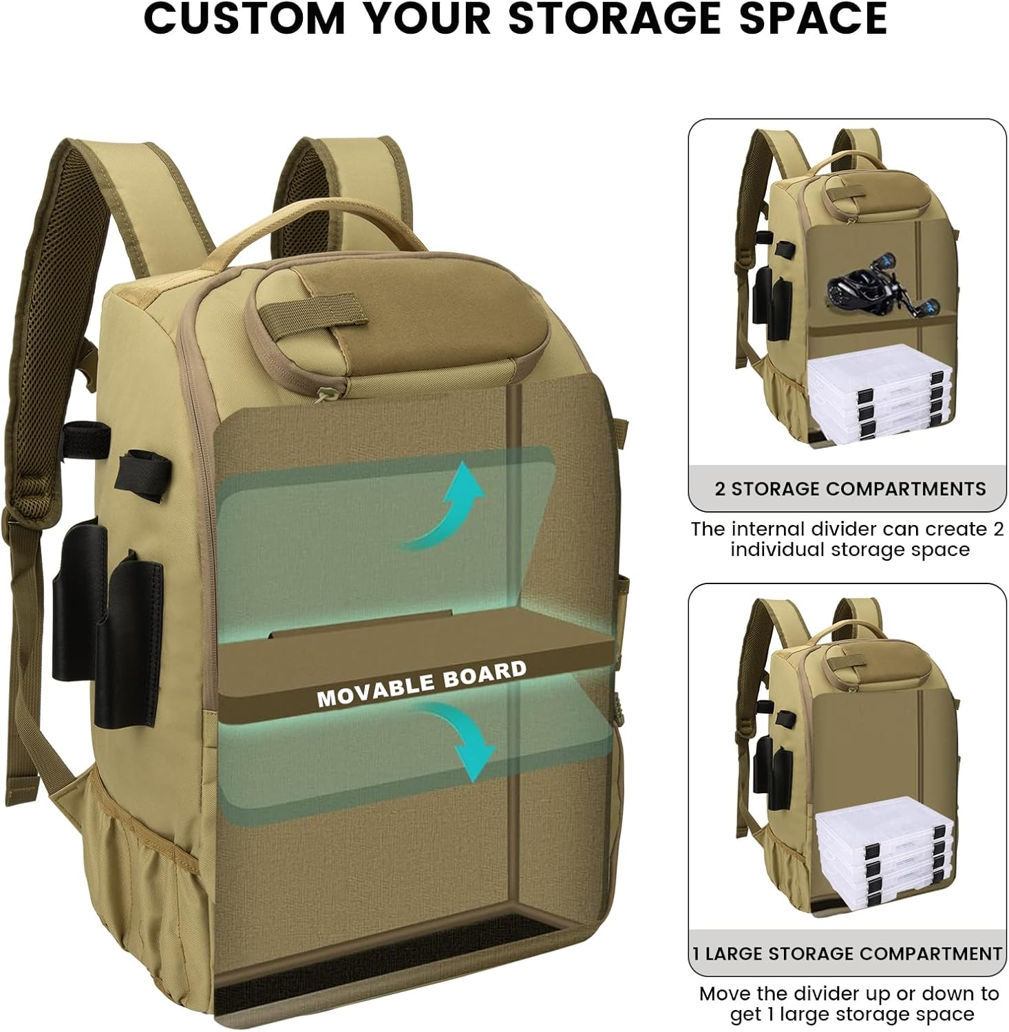 Fishing Backpack with Rod Holder, 40L Fishing Tackle Backpack with Cooler, Large Water-Resistant Fishing Tackle Bag Store Fishing Gear - Black_Camo image number 5