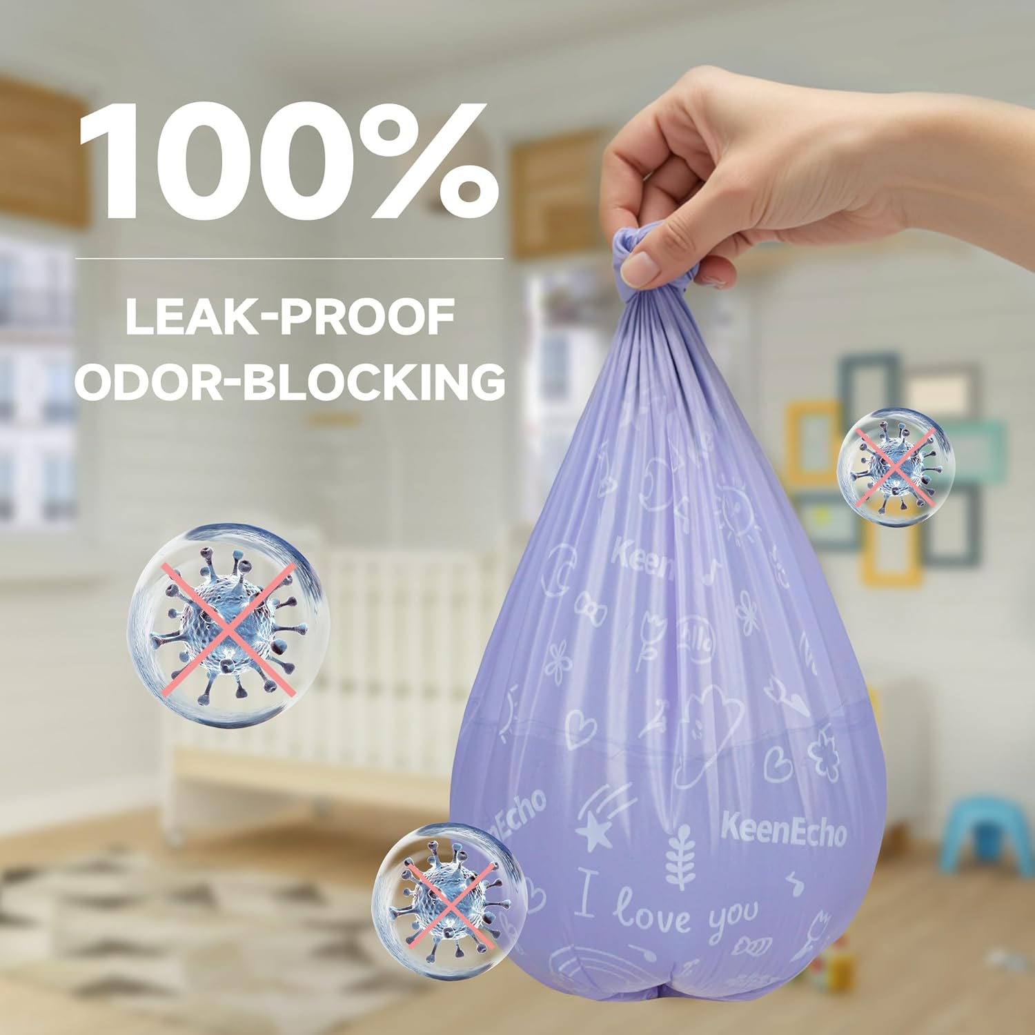 Disposable Nappy Bags with Handles 100 Count (4 Rolls), Leak-Proof Odor Lock Unscented Nappy Sacks on the Go, Ocean Recycled Plastic image number 1