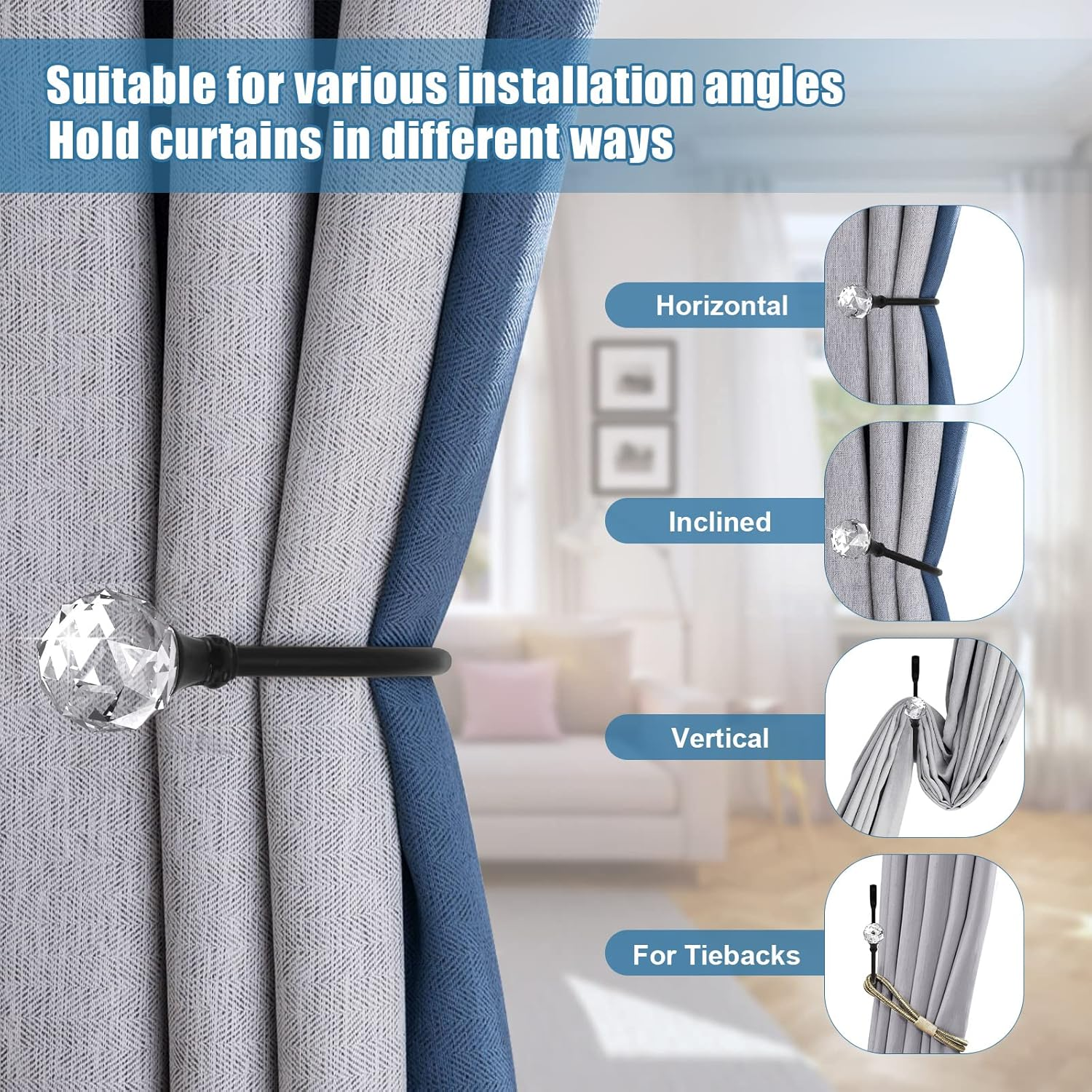 Crystal Curtain Holdbacks - Wall Mounted Decorative Curtain Pull Backs for Drapes - Metal Heavy Duty Window Treatment - U Shaped - Black 2 Pack image number 2