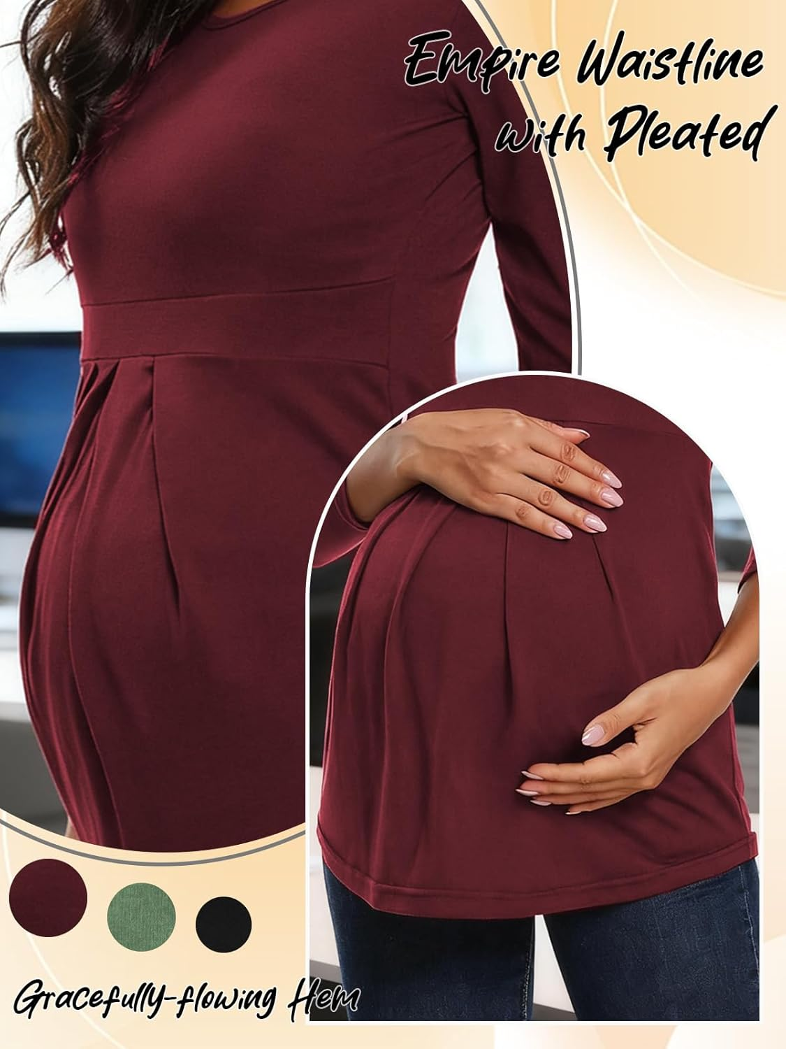 Ecavus Womens Maternity Shirts 3-Pack Short Sleeve Tops Empire Waist Pleated Front Maternity Clothes for Work and Casual